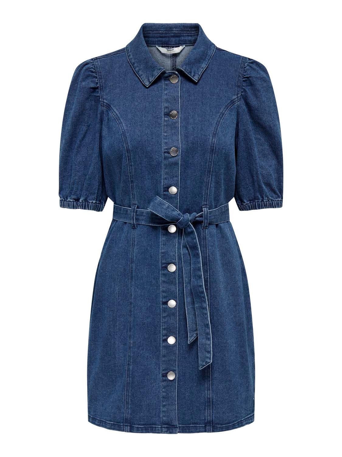 ONLY Regular fit O-hals Manchetten met elastiek Pofmouwen Korte jurk -Medium Blue Denim - 15304123