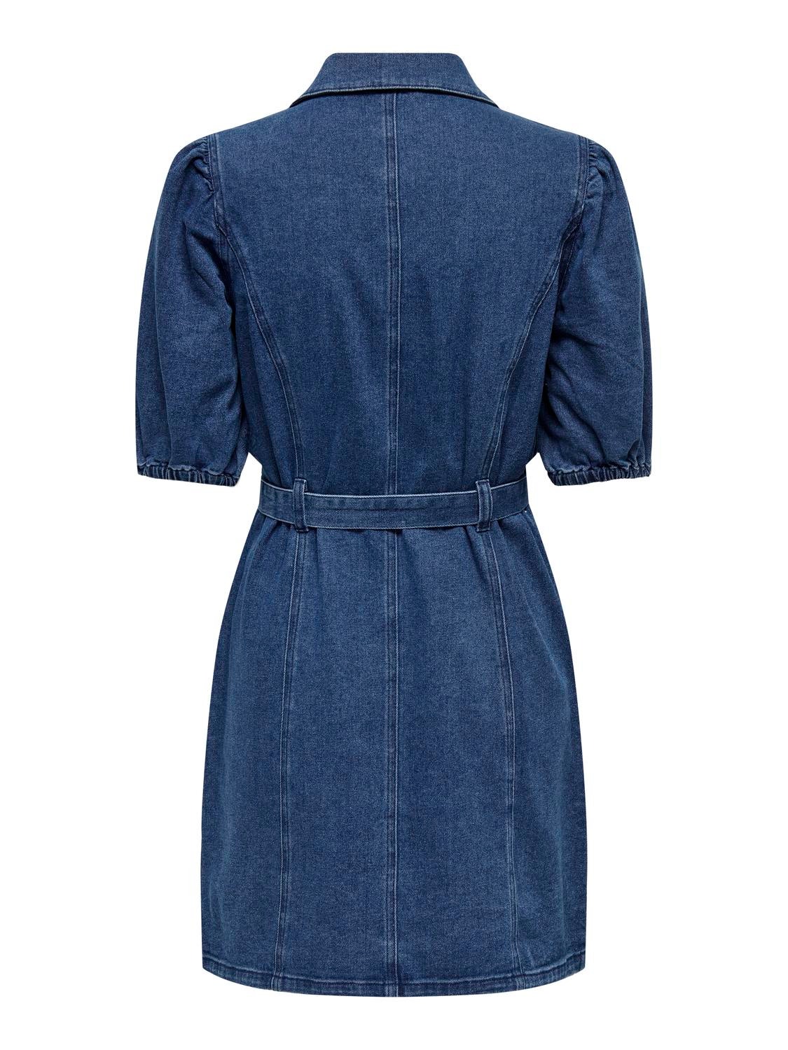 ONLY Regular Fit O-hals Elastiske mansjetter Puffermer Kort kjole -Medium Blue Denim - 15304123