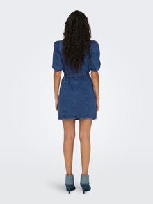 ONLY Vestido corto Corte regular Cuello redondo Puños elásticos Mangas abullonadas -Medium Blue Denim - 15304123
