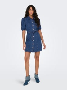 ONLY Regular fit O-hals Manchetten met elastiek Pofmouwen Korte jurk -Medium Blue Denim - 15304123