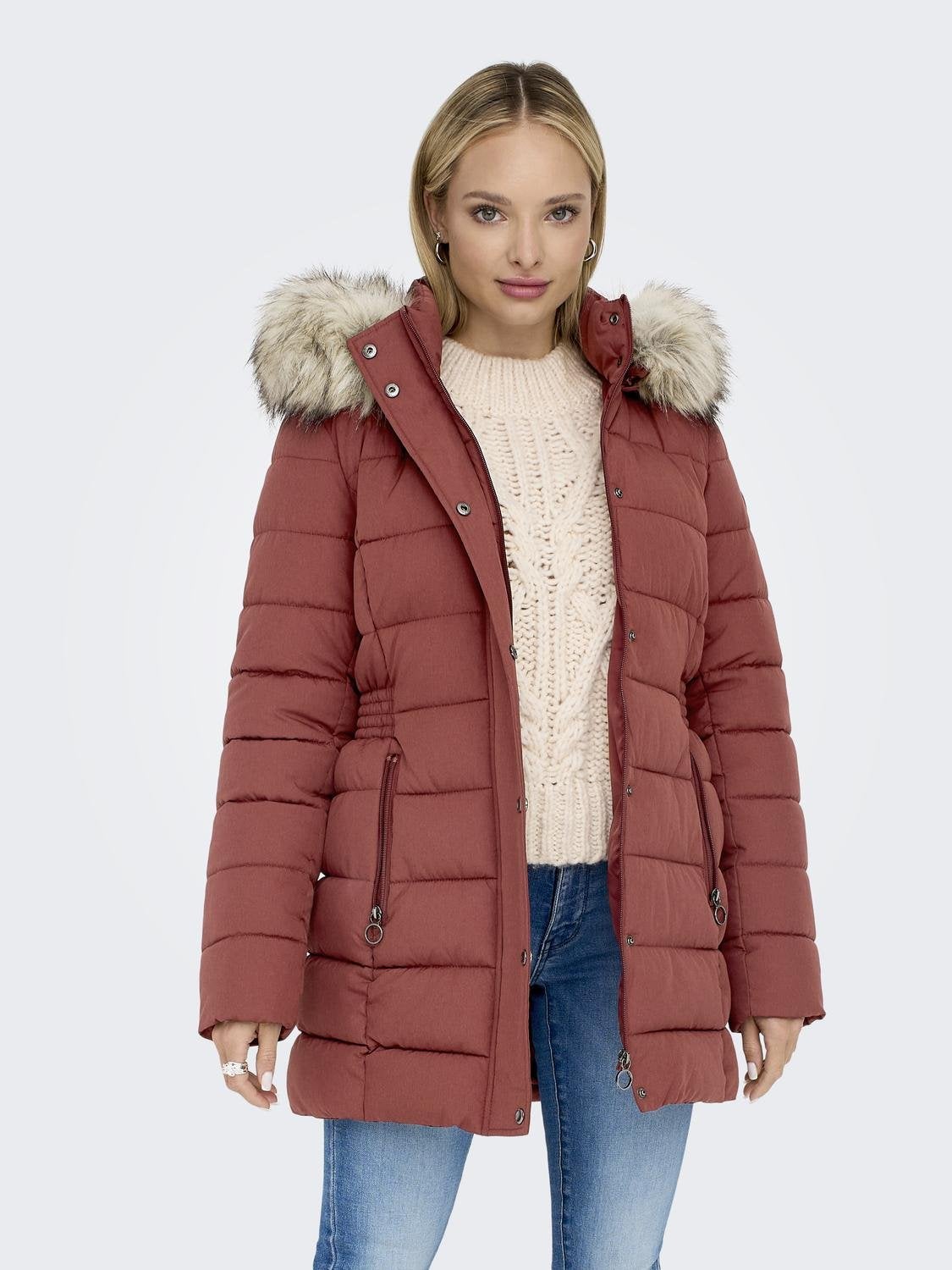 Burgundy fur cheap hood coat