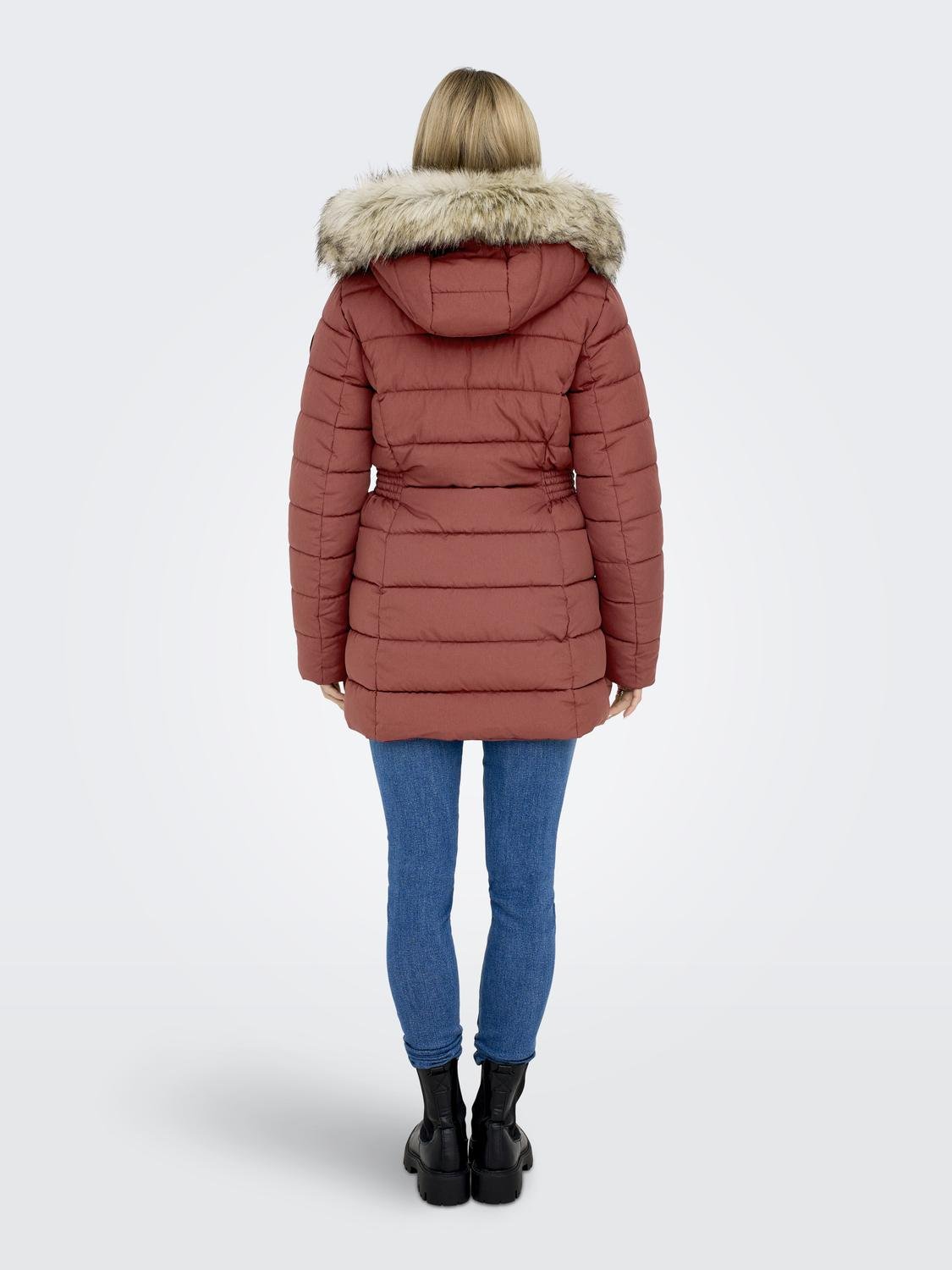 ONLY Mujer Abrigo de invierno acolchado con capucha de piel sintética  desmontable y 2 bolsillos rojo