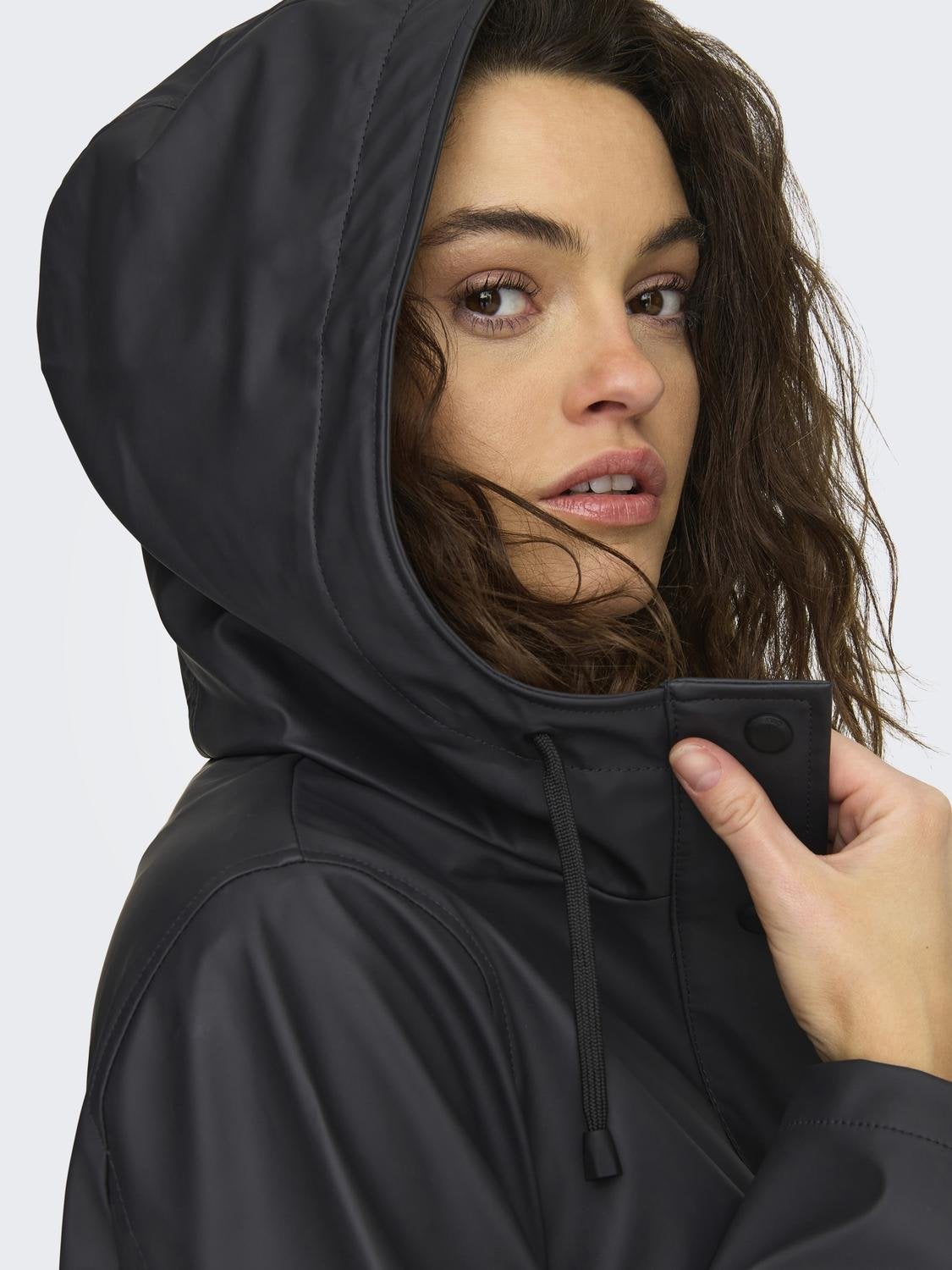 Ladies black raincoat with on sale hood