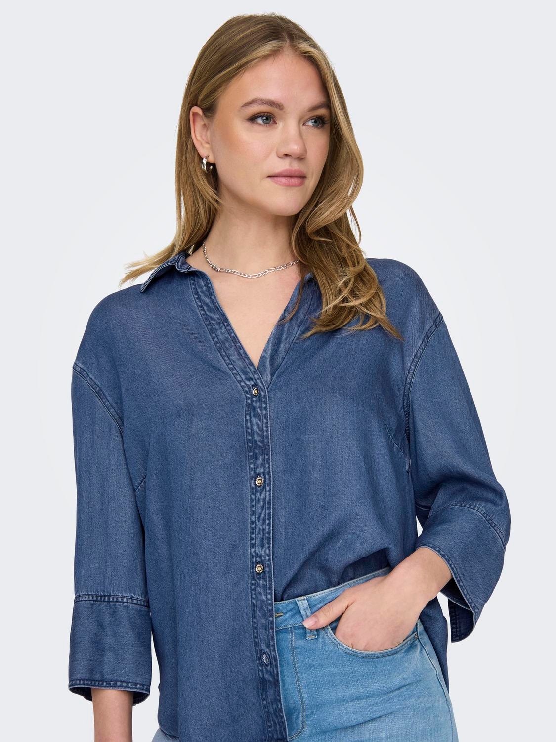 ONLY Loose Fit China Collar Shirt -Medium Blue Denim - 15305416