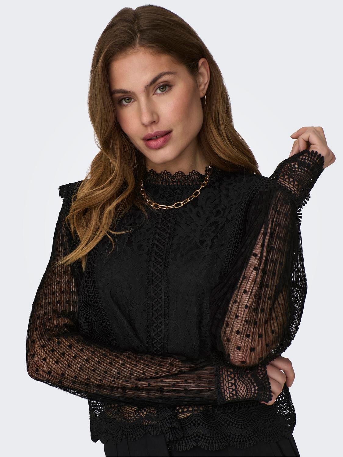 ONLY O-neck lace top -Black - 15305687