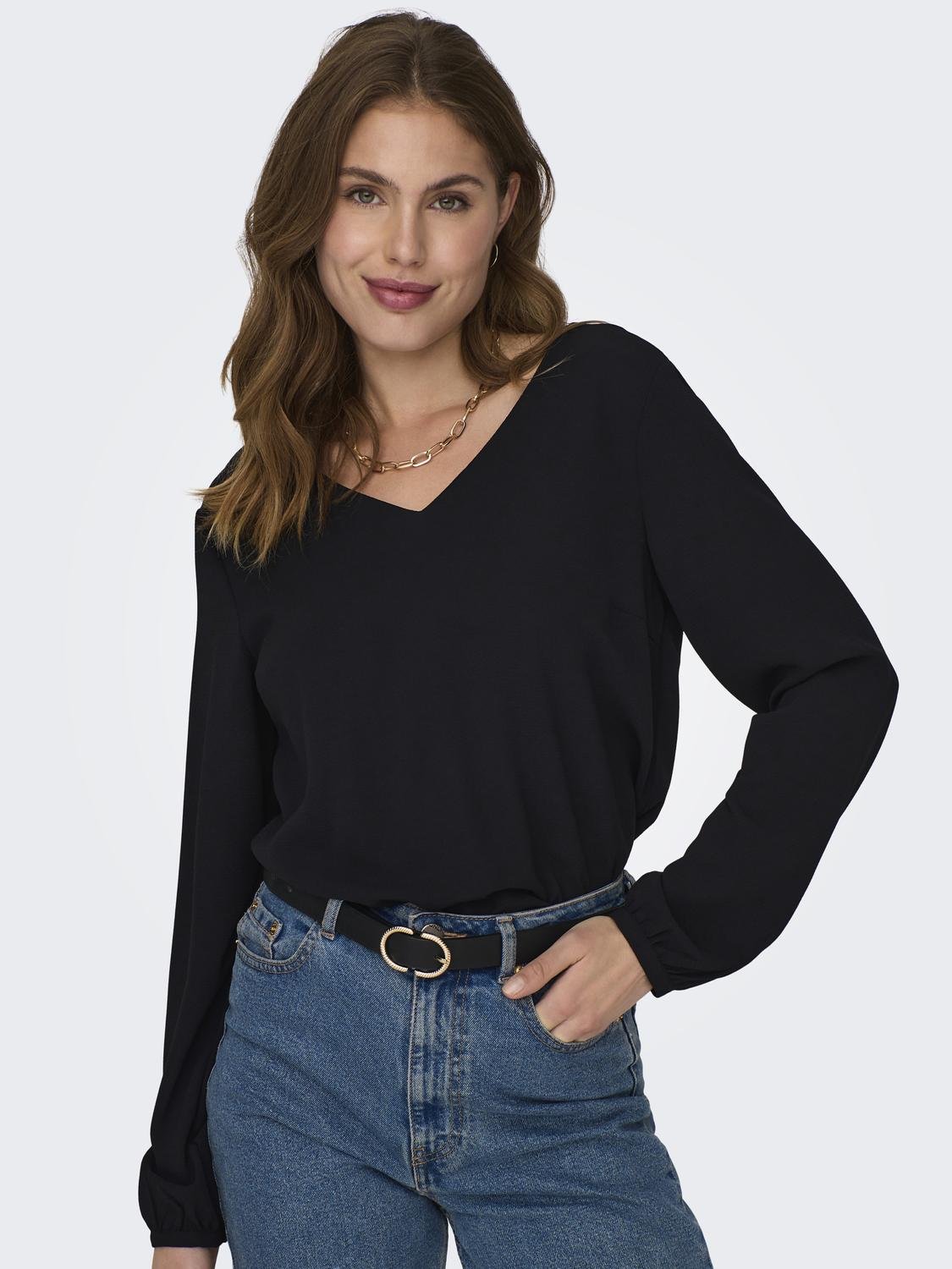 ONLY V-neck top with long sleeves -Black - 15306923