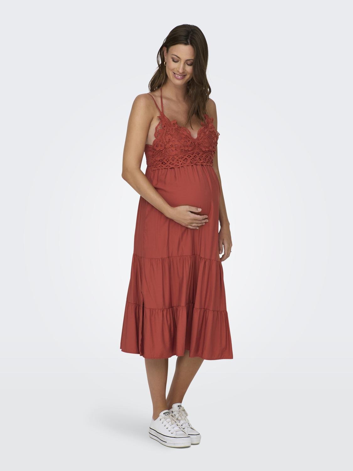 ONLY Regular Fit Split neck Maternity Long dress -Baked Clay - 15307849