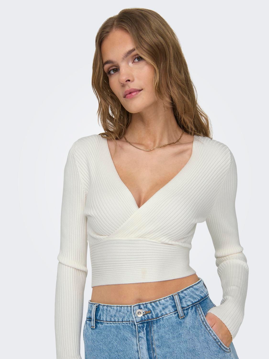 ONLY Cropped Fit V-Neck Pullover -Bright White - 15310652