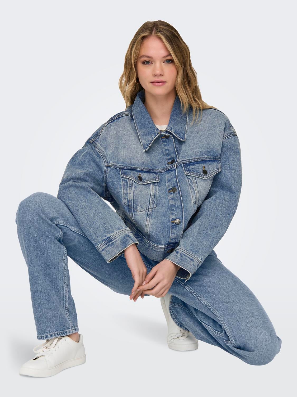 Grey jeans blue denim jacket sale