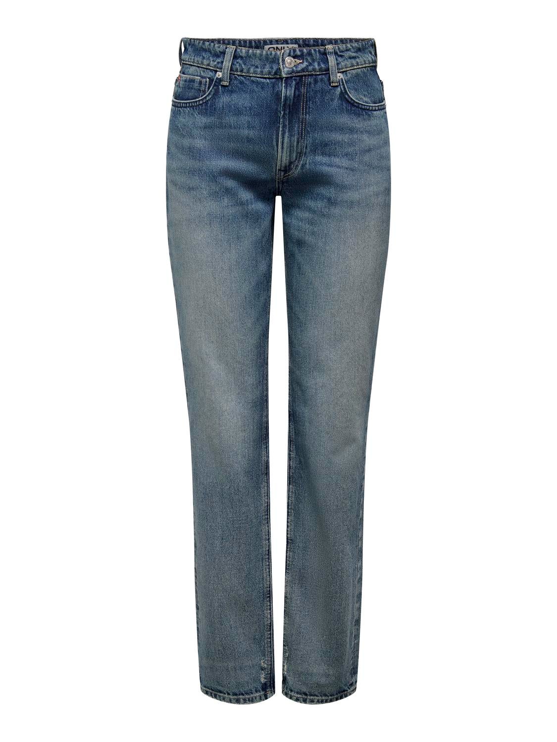 Straight Fit Mid waist Jeans, Medium Blue