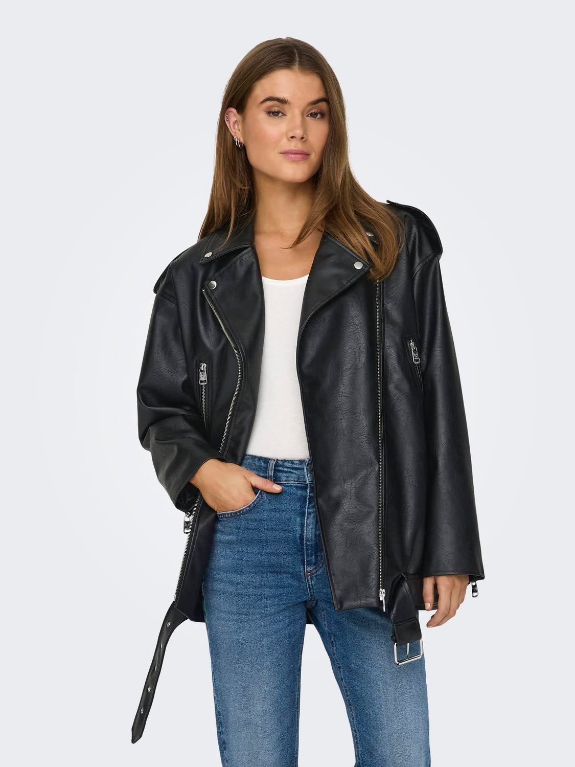 Only faux leather biker on sale jacket