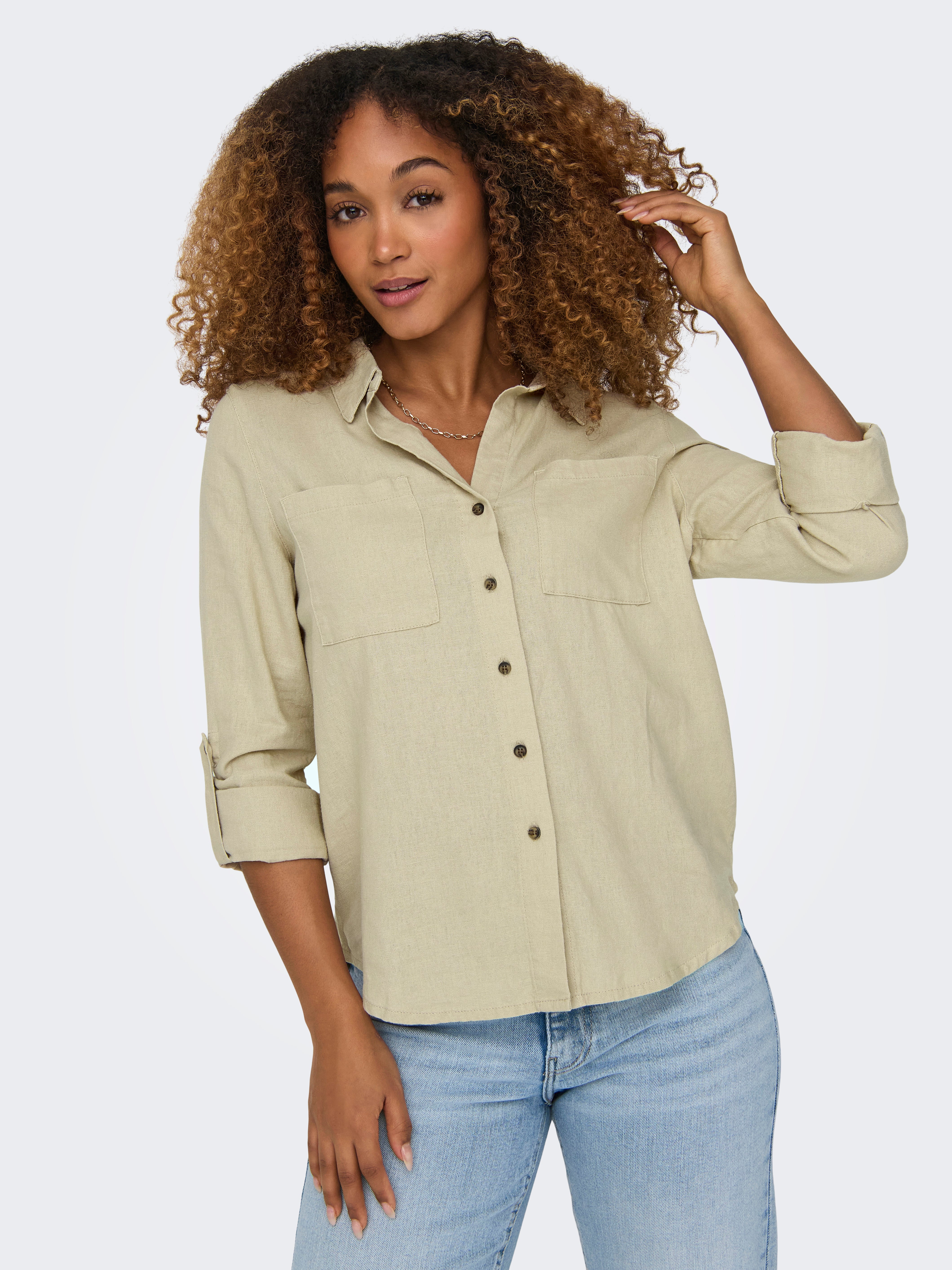 tan button shirt