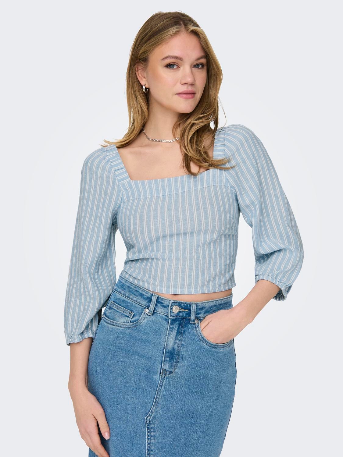 ONLY Regular Fit Square neck Elasticated cuffs Puff sleeves Top -Blissful Blue - 15311374