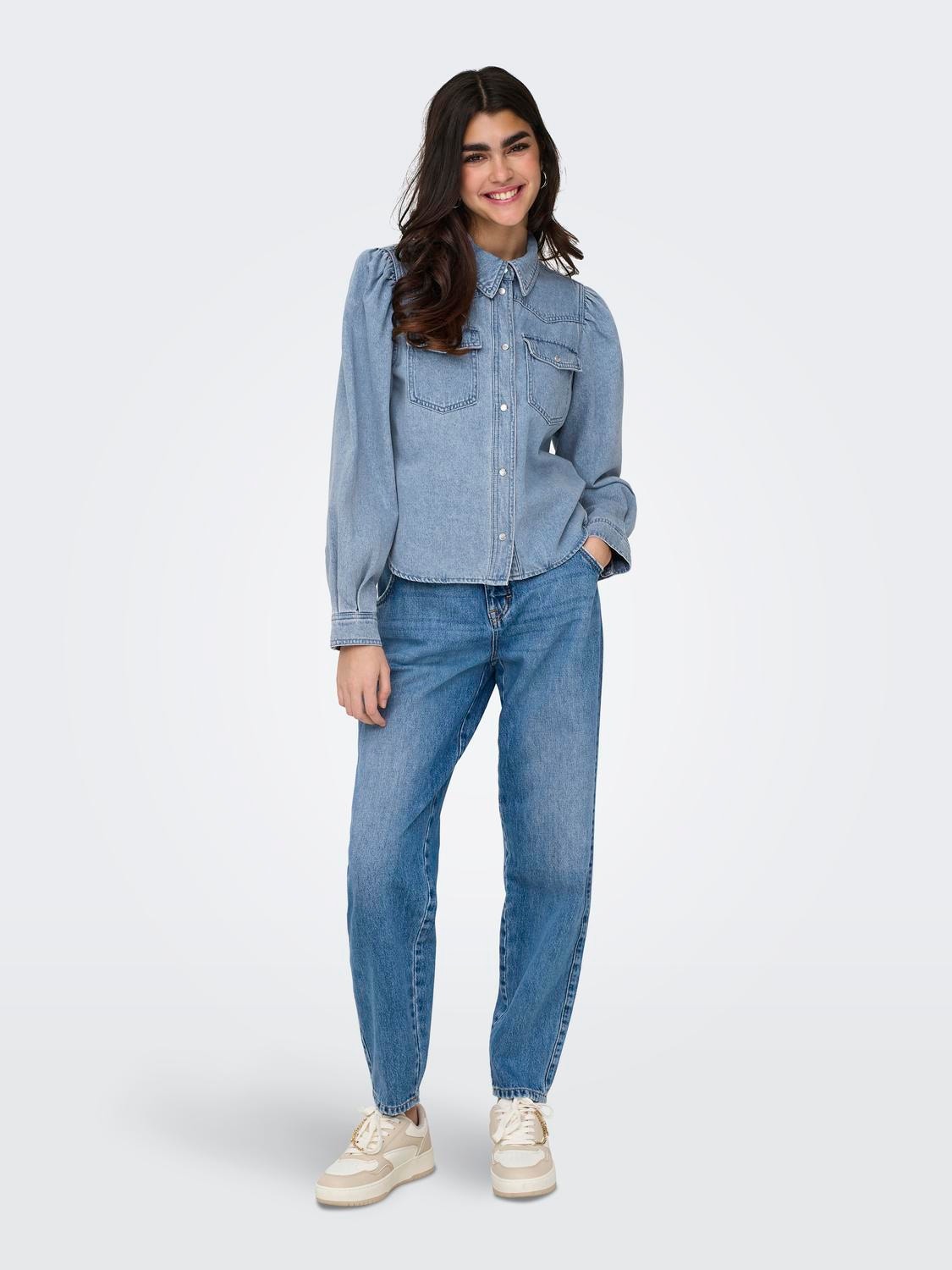 ONLY Relaxed Fit Skjortekrage Puffermer Skjorte -Light Blue Denim - 15311711