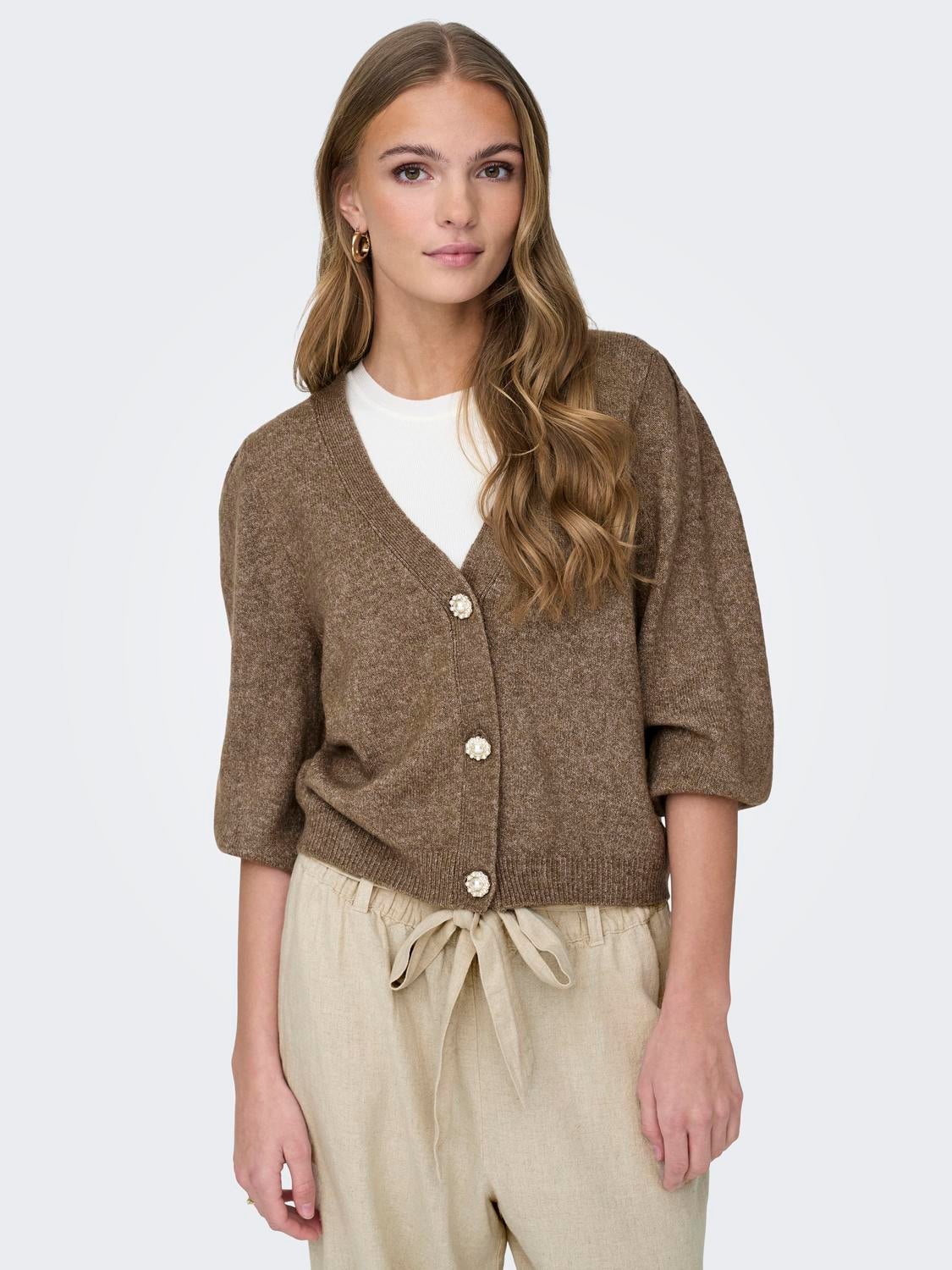 Cardigans en maille Col en V Manches bouffantes Light Brown ONLY