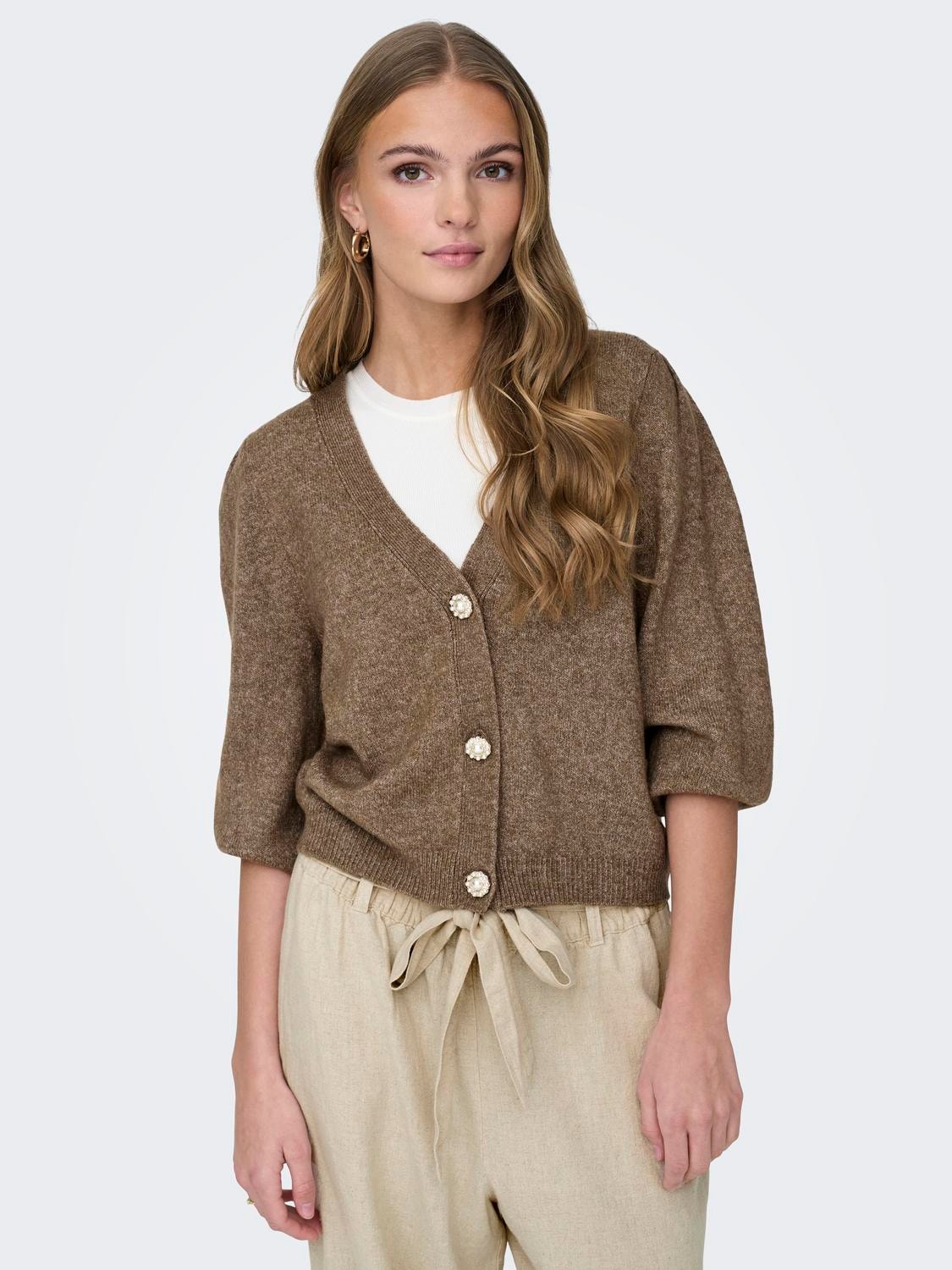 ONLY V-Neck Puff sleeves Knit Cardigan -Caribou - 15312054