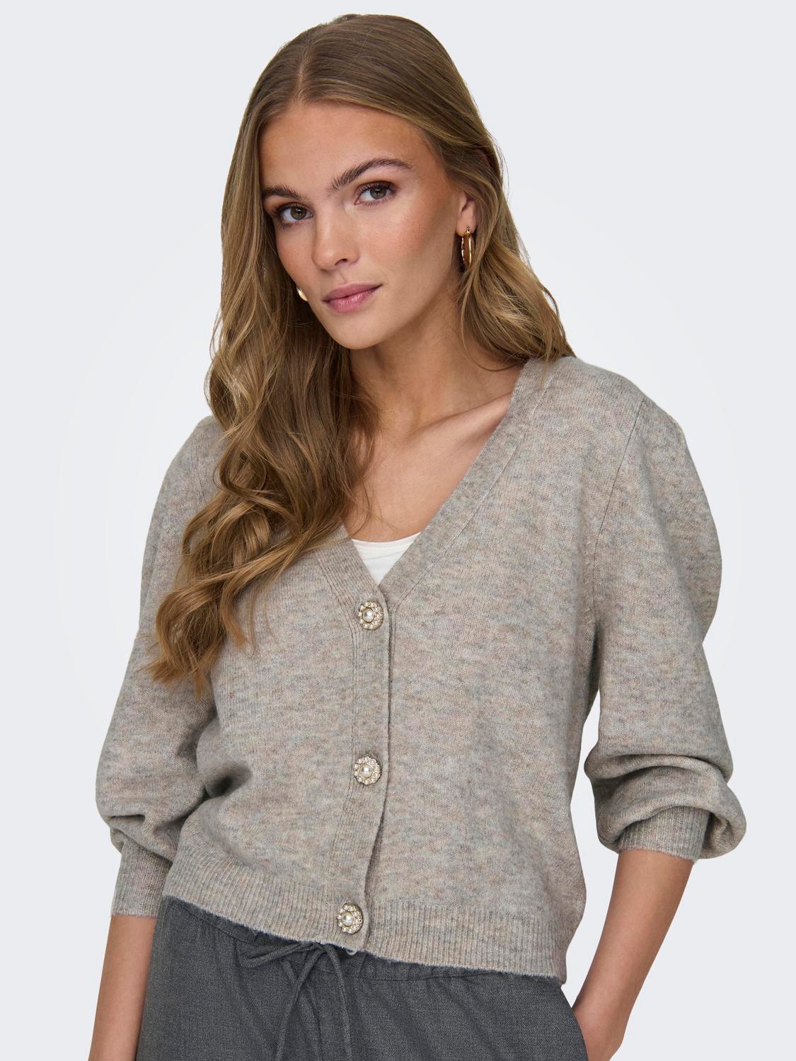 ONLY V-Neck Puff sleeves Knit Cardigan -Chateau Gray - 15312054
