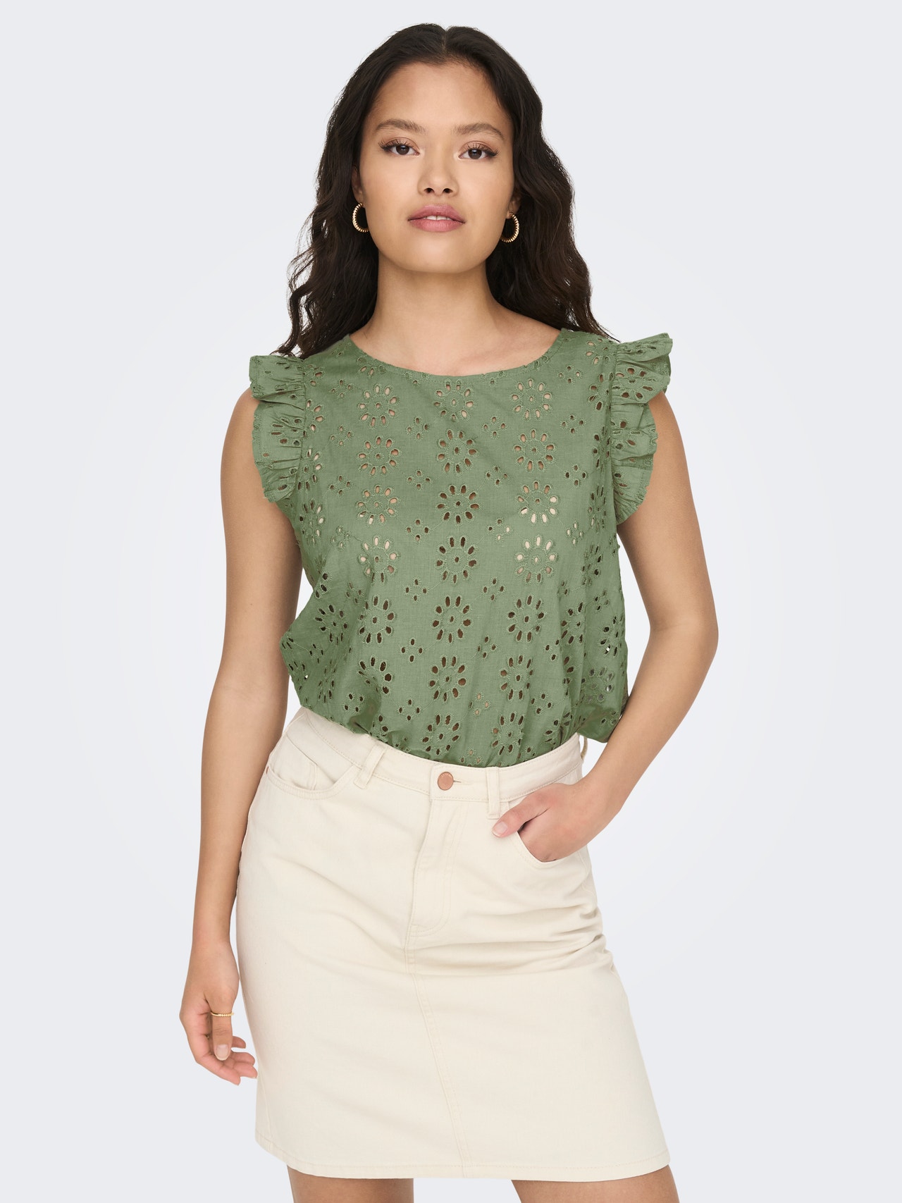 ONLY Regular Fit Round Neck Volume sleeves Top -Oil Green - 15312383