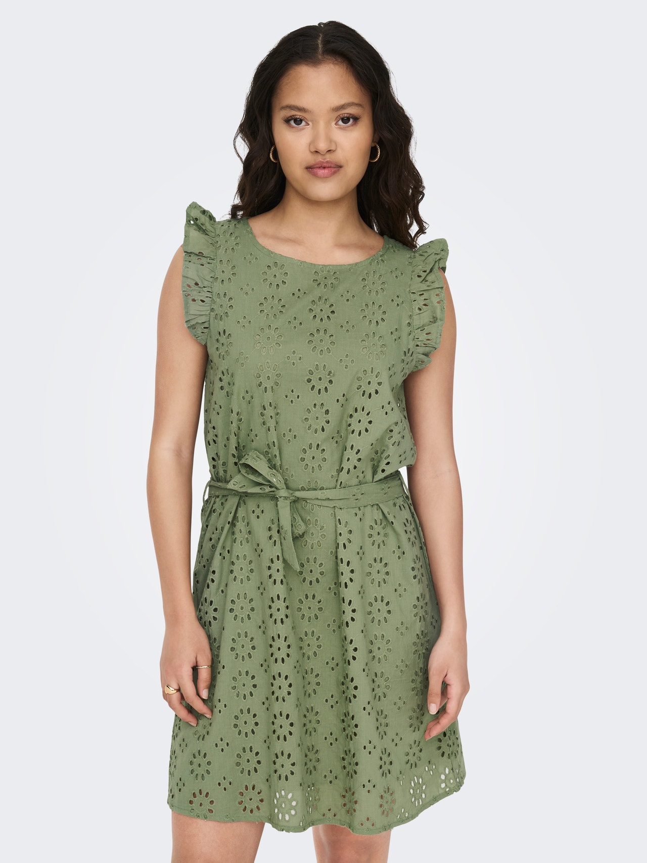 ONLY Regular Fit Round Neck Volume sleeves Short dress -Oil Green - 15312384