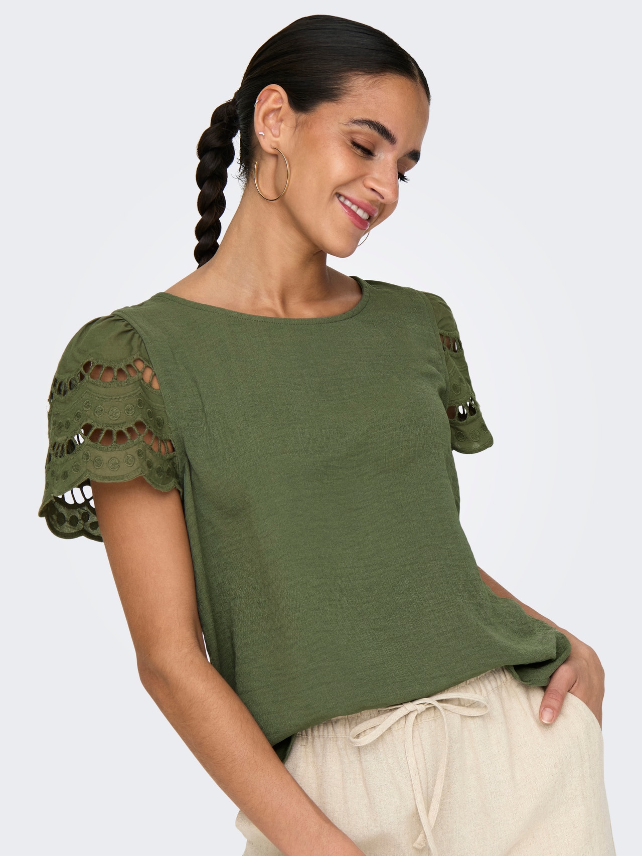 ONLY Top with lace details -Deep Lichen Green - 15312609