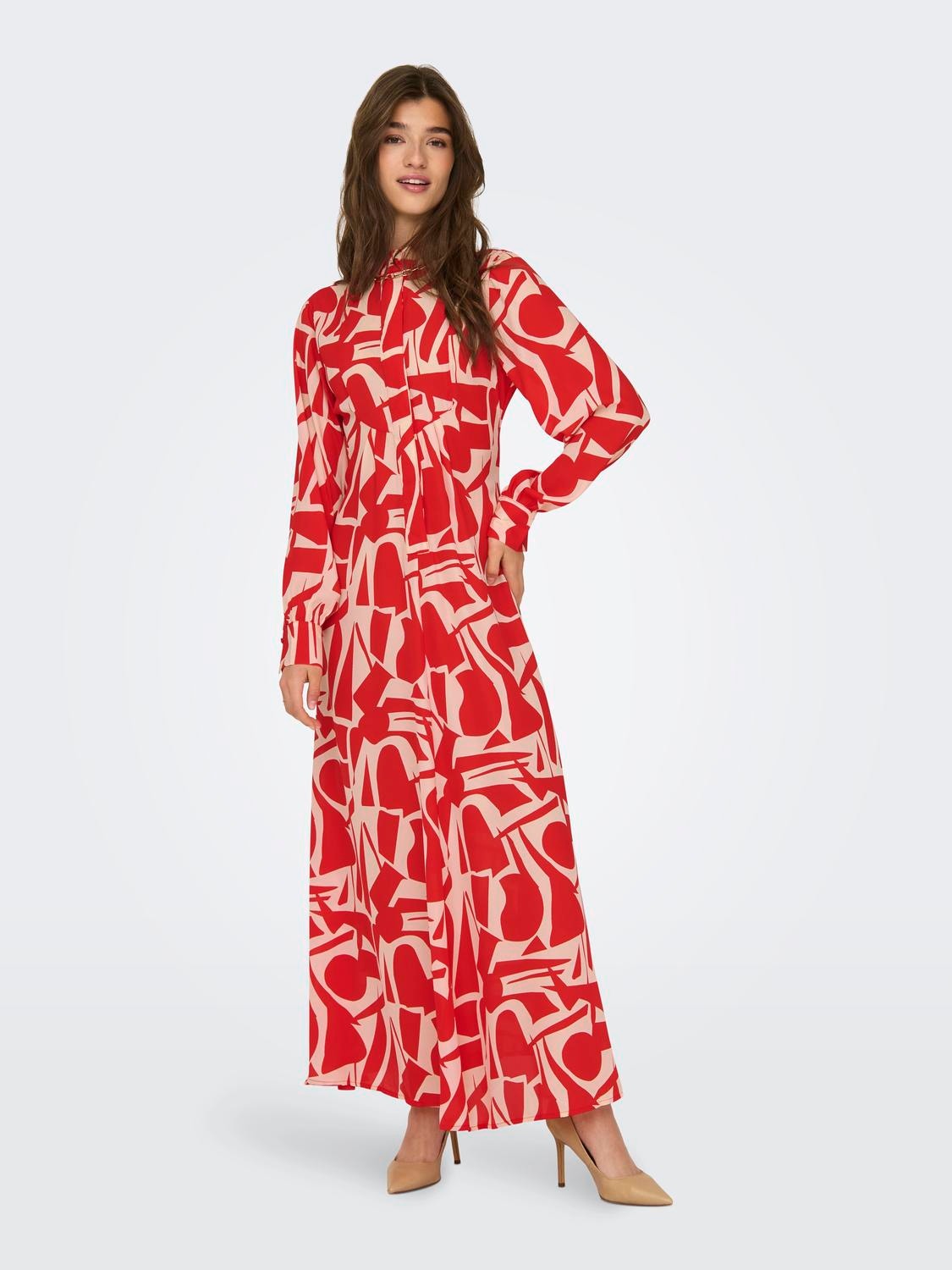ONLY Loose Fit China Collar Long dress -Flame Scarlet - 15315463