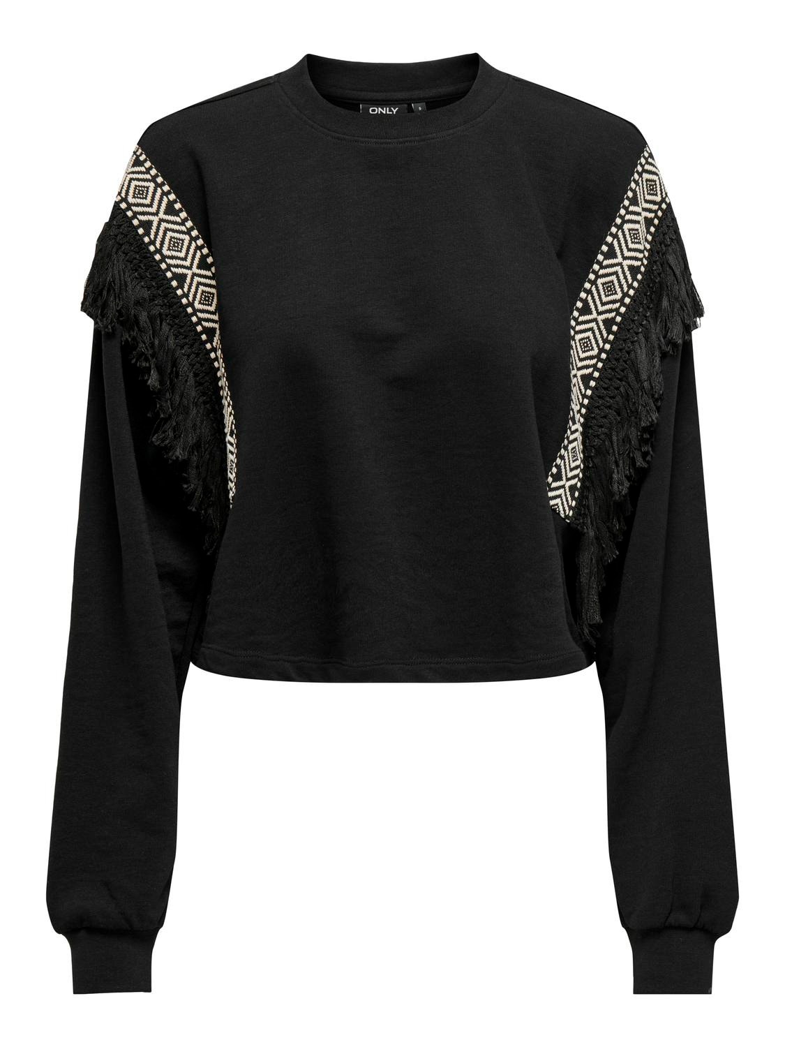 ONLY o-hals sweatshirt med frynser -Black - 15315546