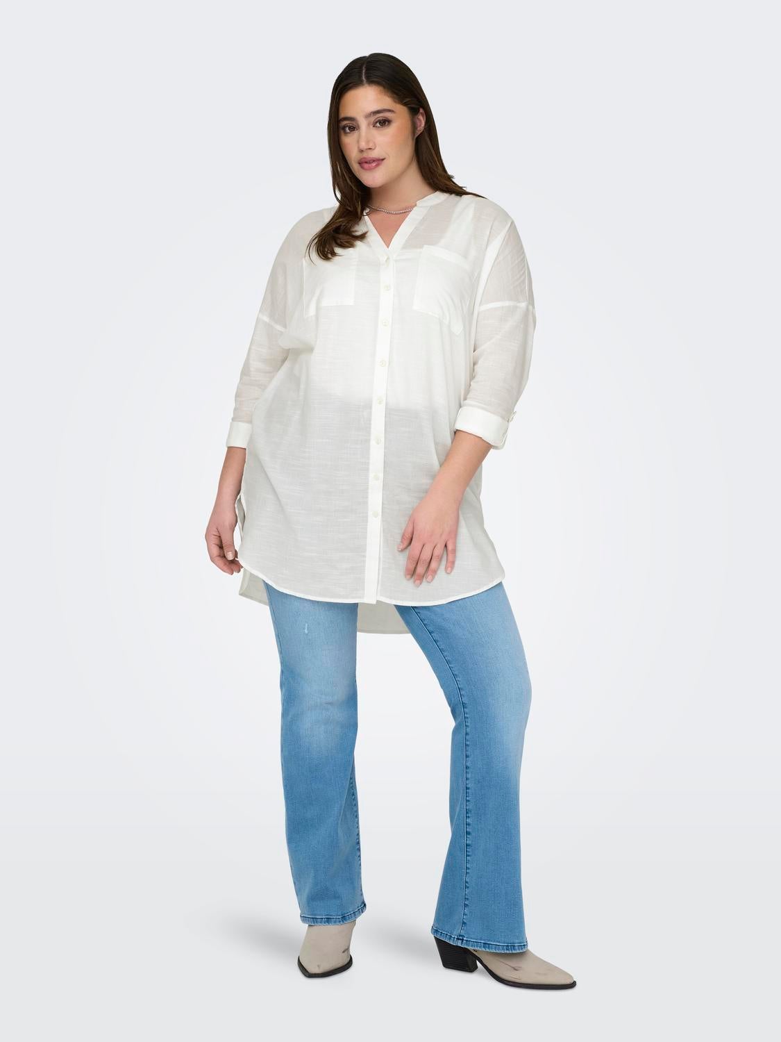 Loose Fit Button-down collar Curve Fold-up cuffs Shirt, White