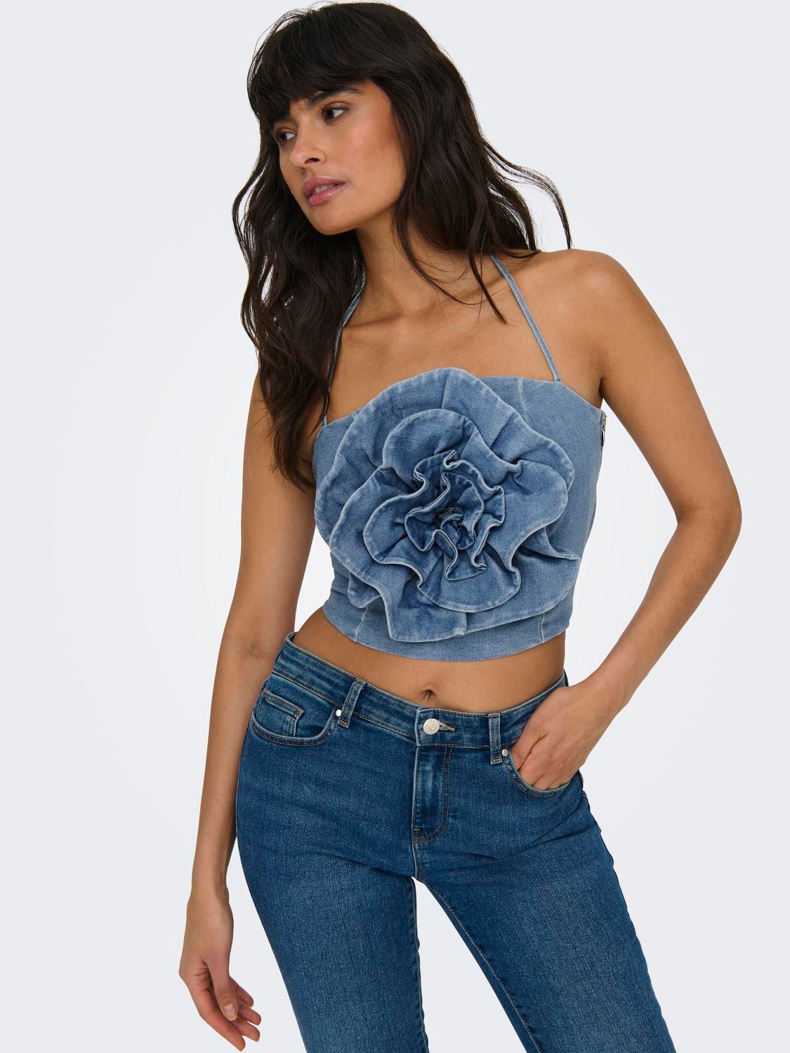 ONLY Cropped denim top with square-neck -Medium Blue Denim - 15318392