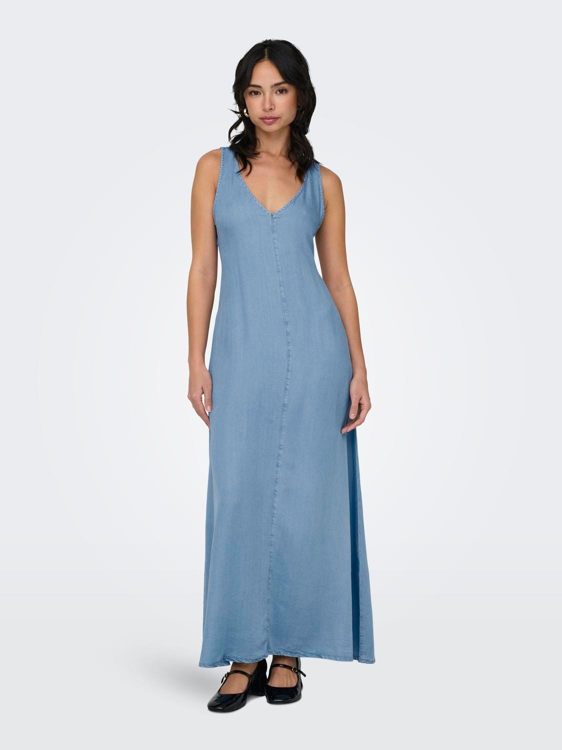 ONLY Loose fit V-Hals Wijde banden Lange jurk -Light Blue Denim - 15318546