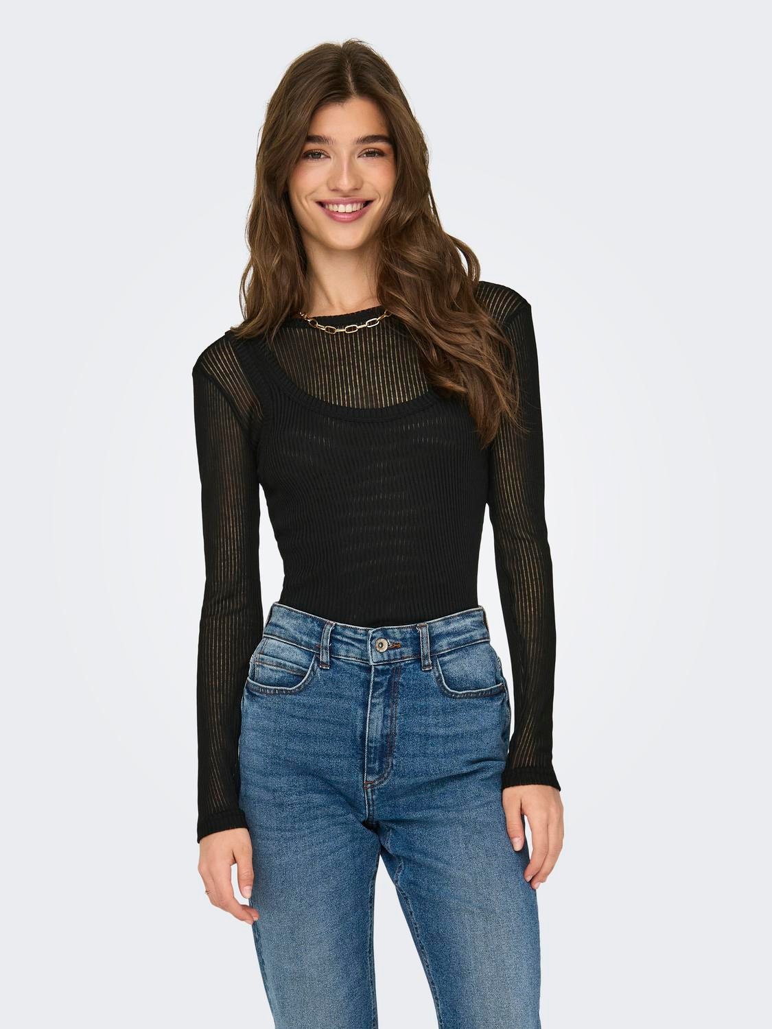 ONLY Long sleeved top with rib -Black - 15319080