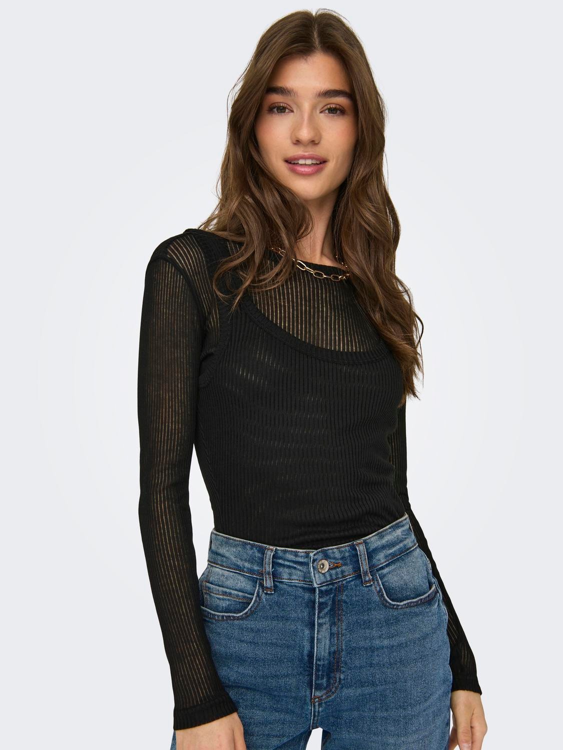 ONLY Long sleeved top with rib -Black - 15319080