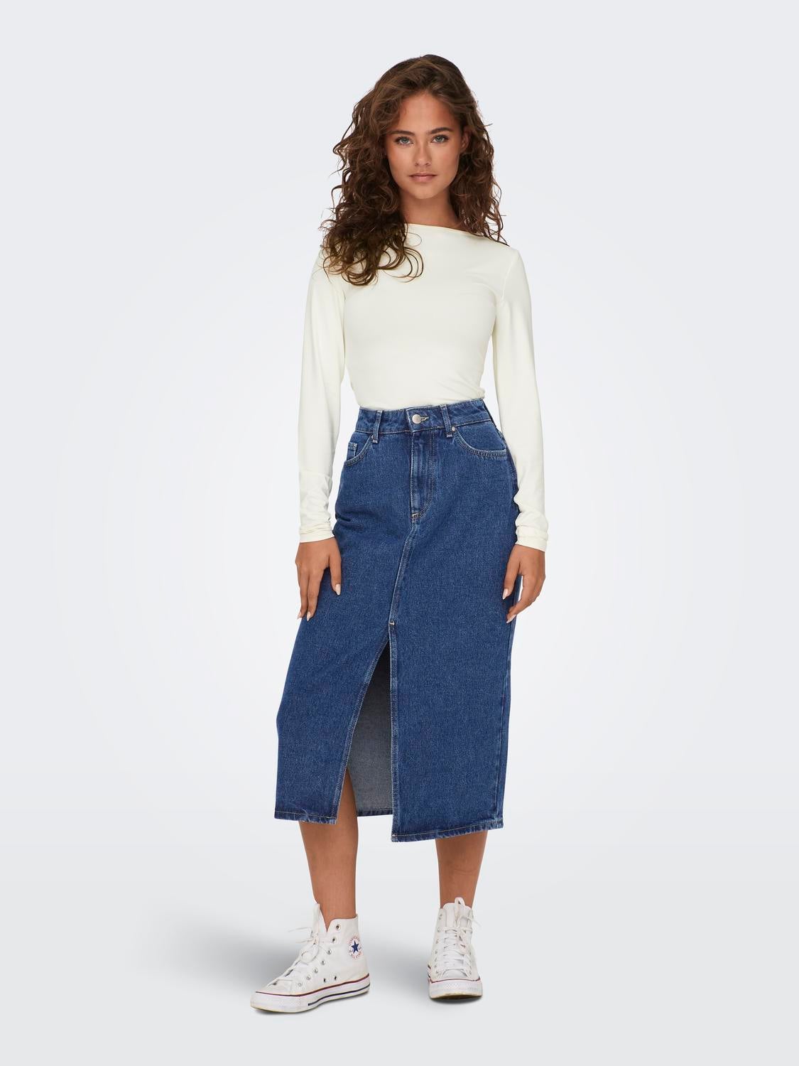 Midi denim skirt with slit