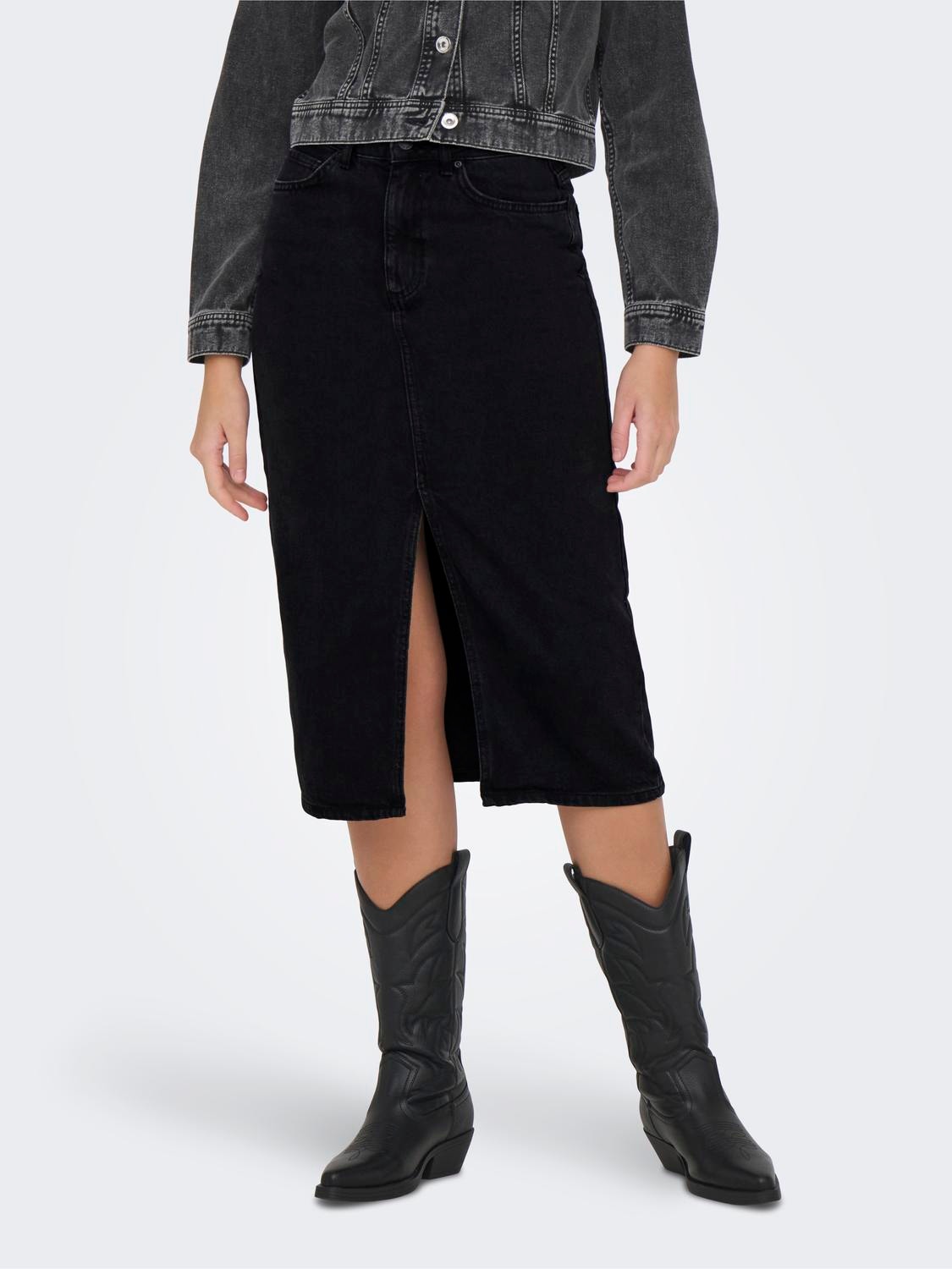 ONLY Midi denim skirt with slit -Washed Black - 15319268