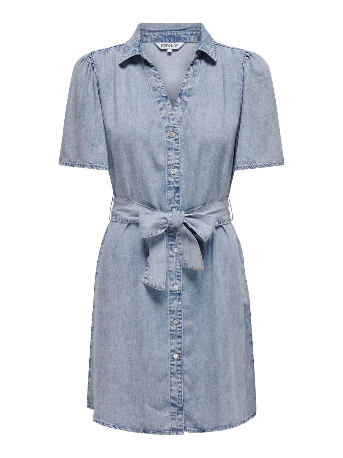 ONLY Vestido corto Corte regular Cuello de camisa Mangas cuadradas -Light Blue Denim - 15319299