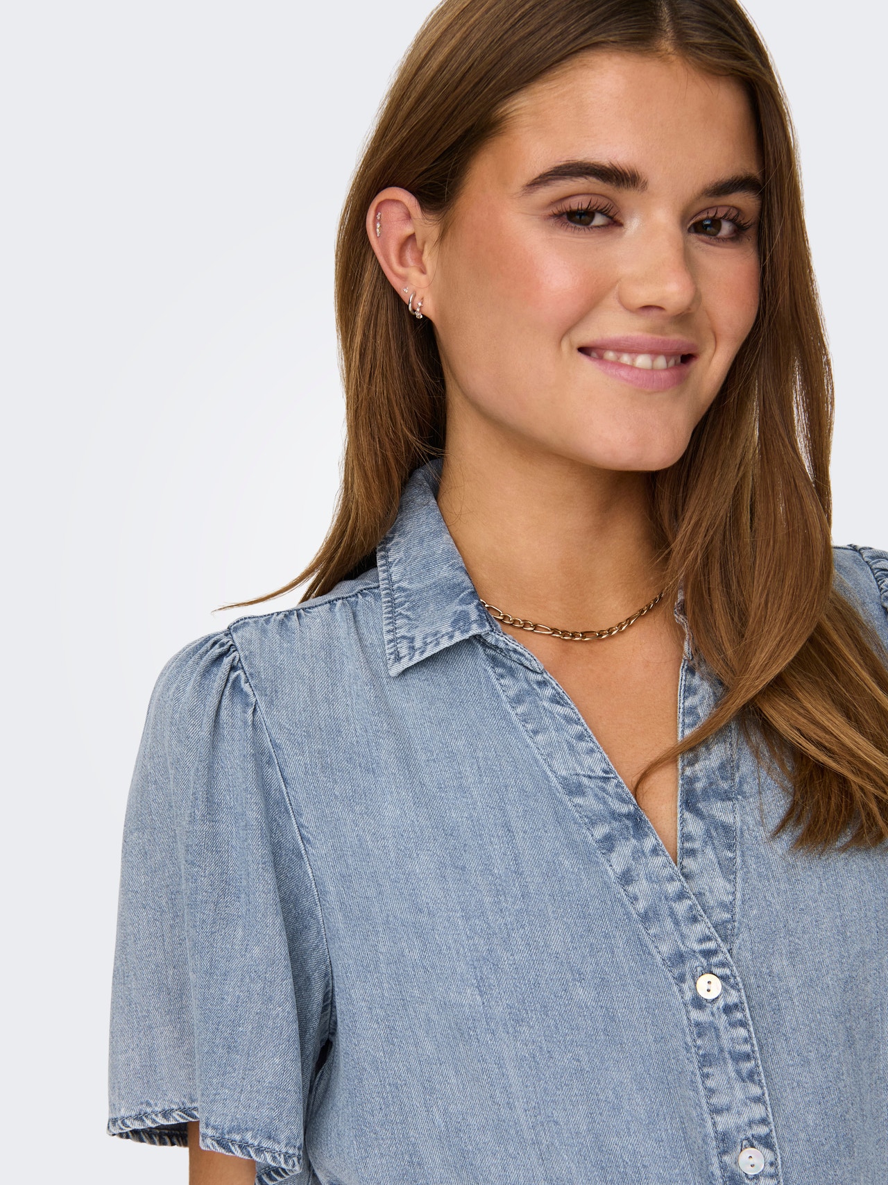 ONLY Robe courte Regular Fit Col chemise Mancherons -Light Blue Denim - 15319299