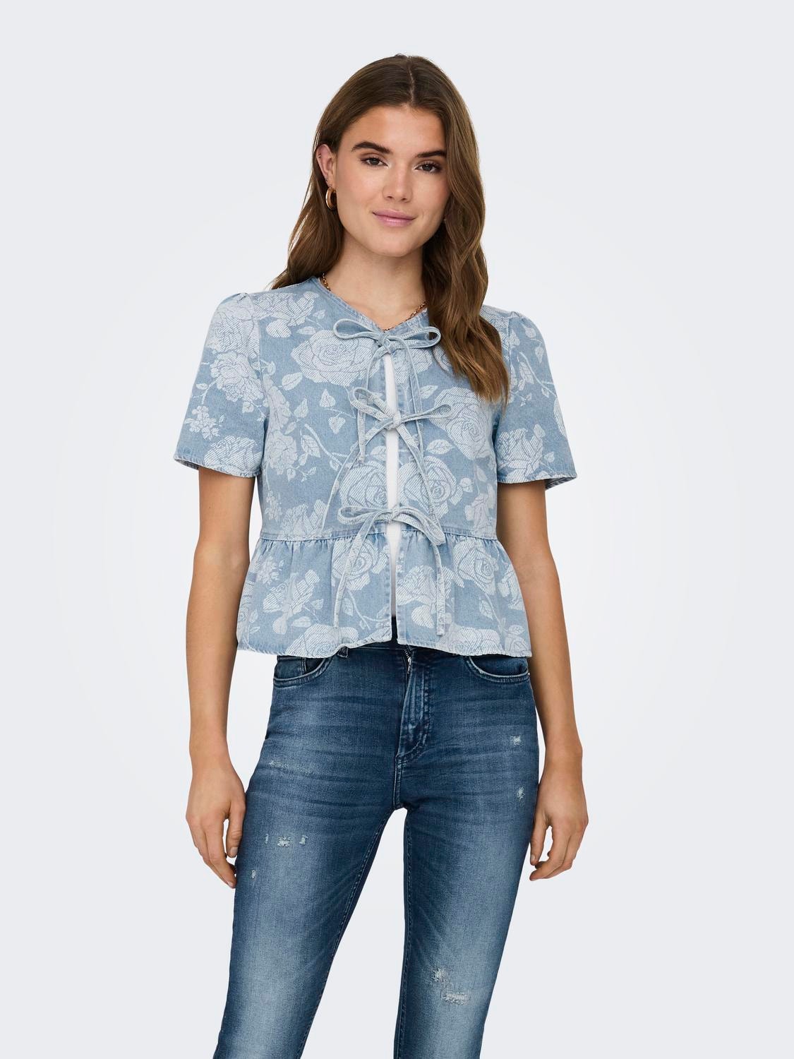 ONLY O-neck top with front tie -Light Blue Denim - 15319330