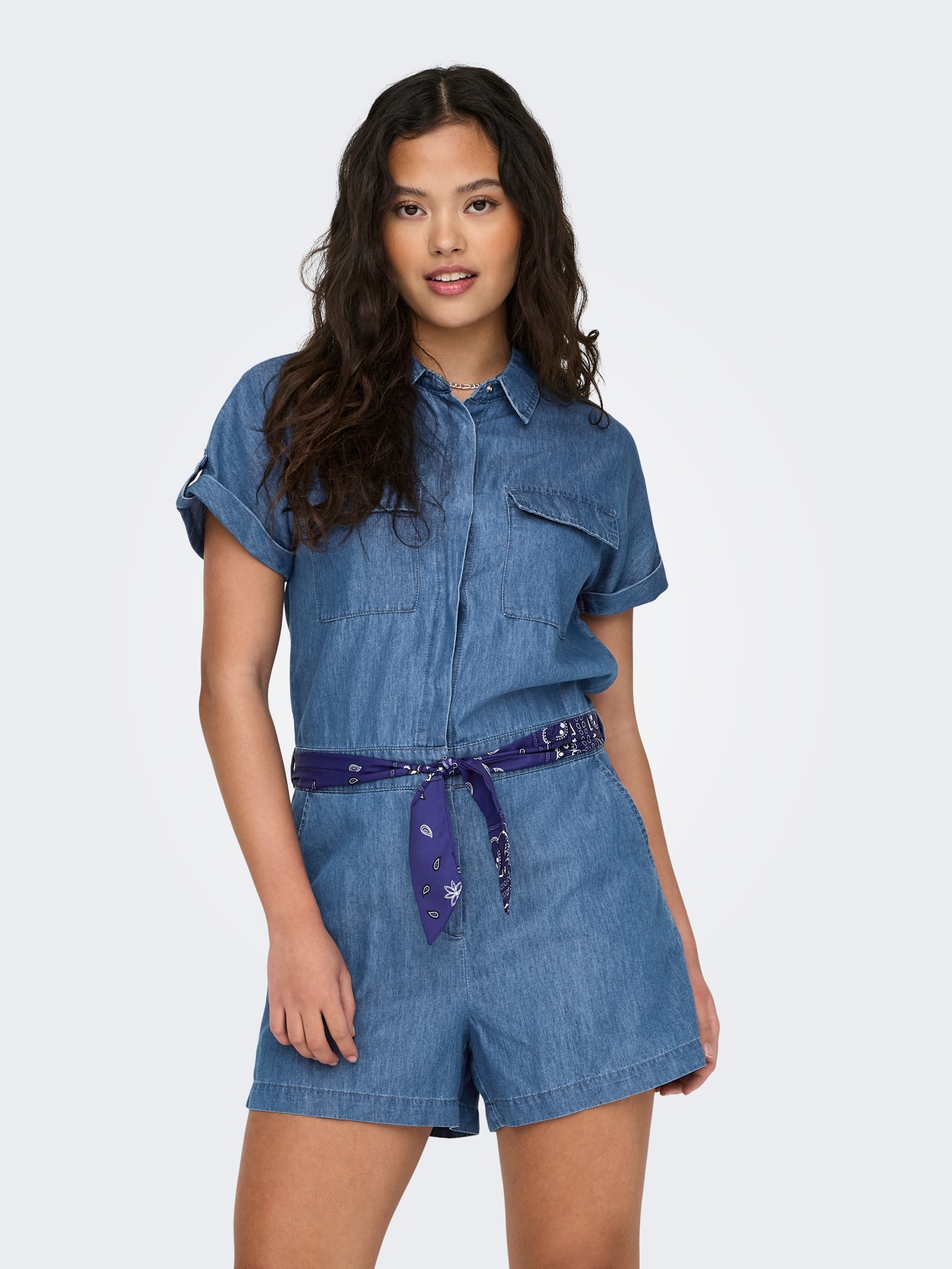 ONLY Playsuit with tie belt -Medium Blue Denim - 15319709