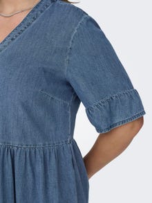 ONLY Locker geschnitten V-Ausschnitt Glockenärmel Kurzes Kleid -Medium Blue Denim - 15320923