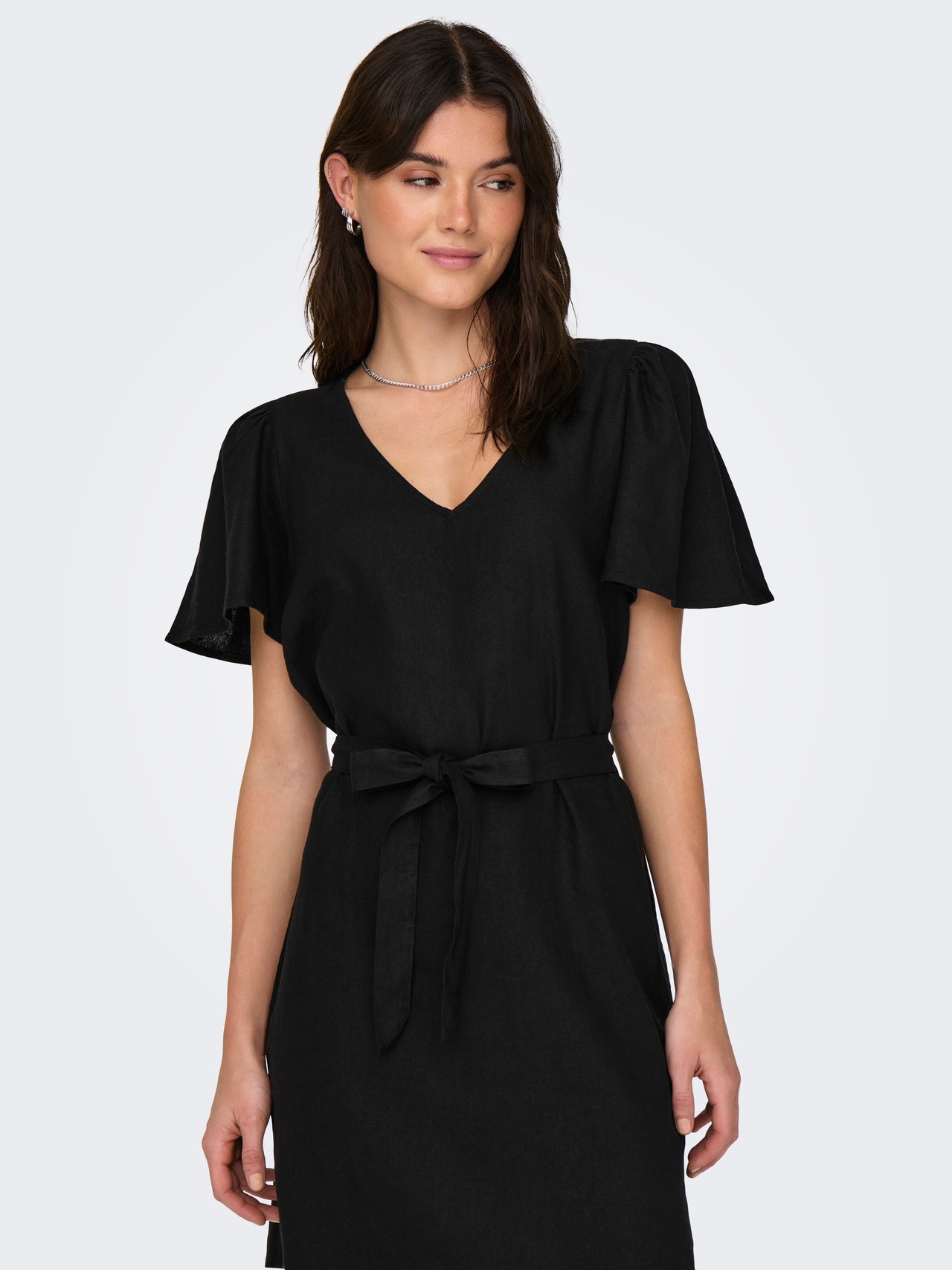 ONLY Normal geschnitten V-Ausschnitt Glockenärmel Kurzes Kleid -Black - 15321189