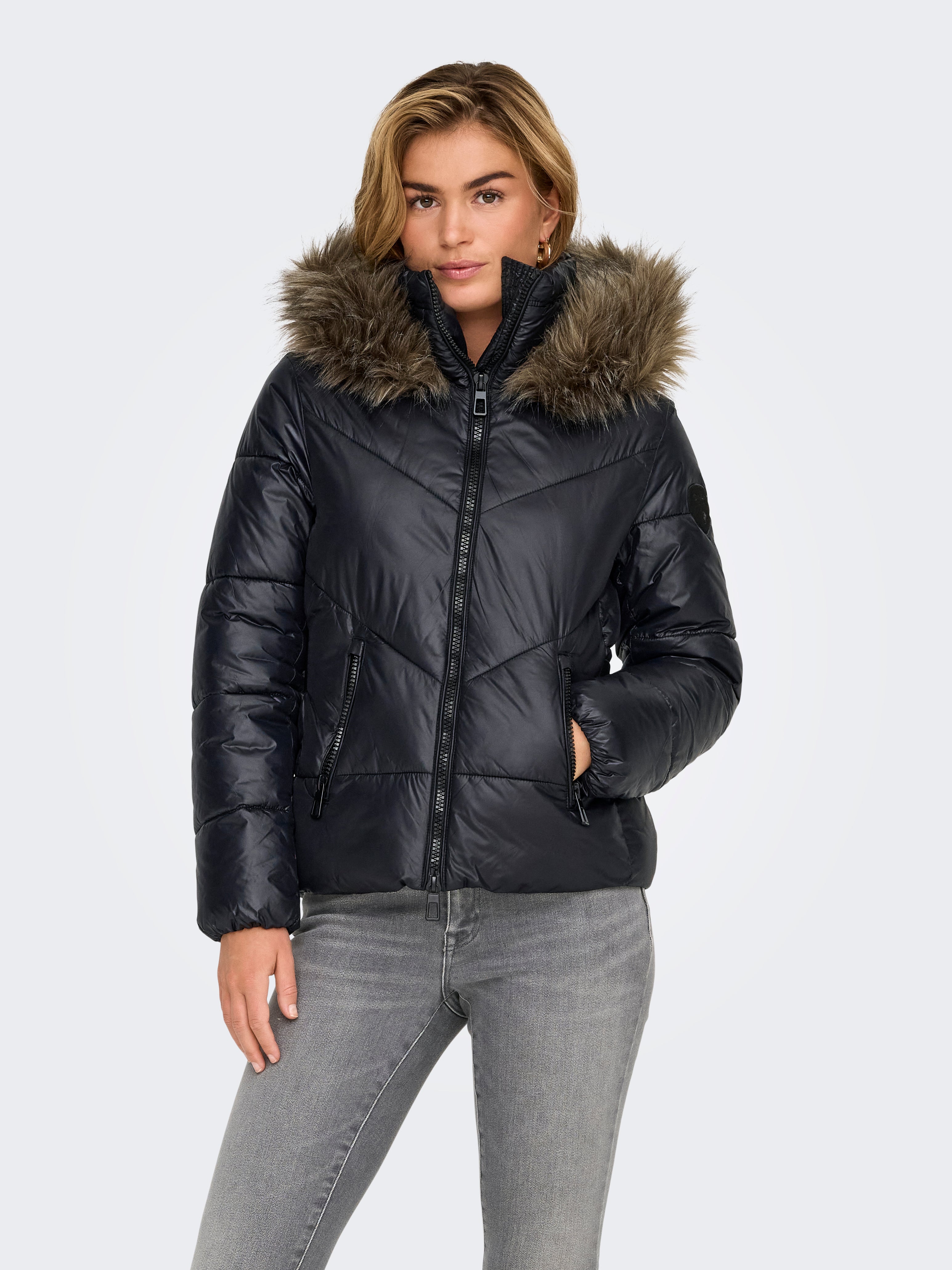 Black puffer jacket with fluffy hood on sale