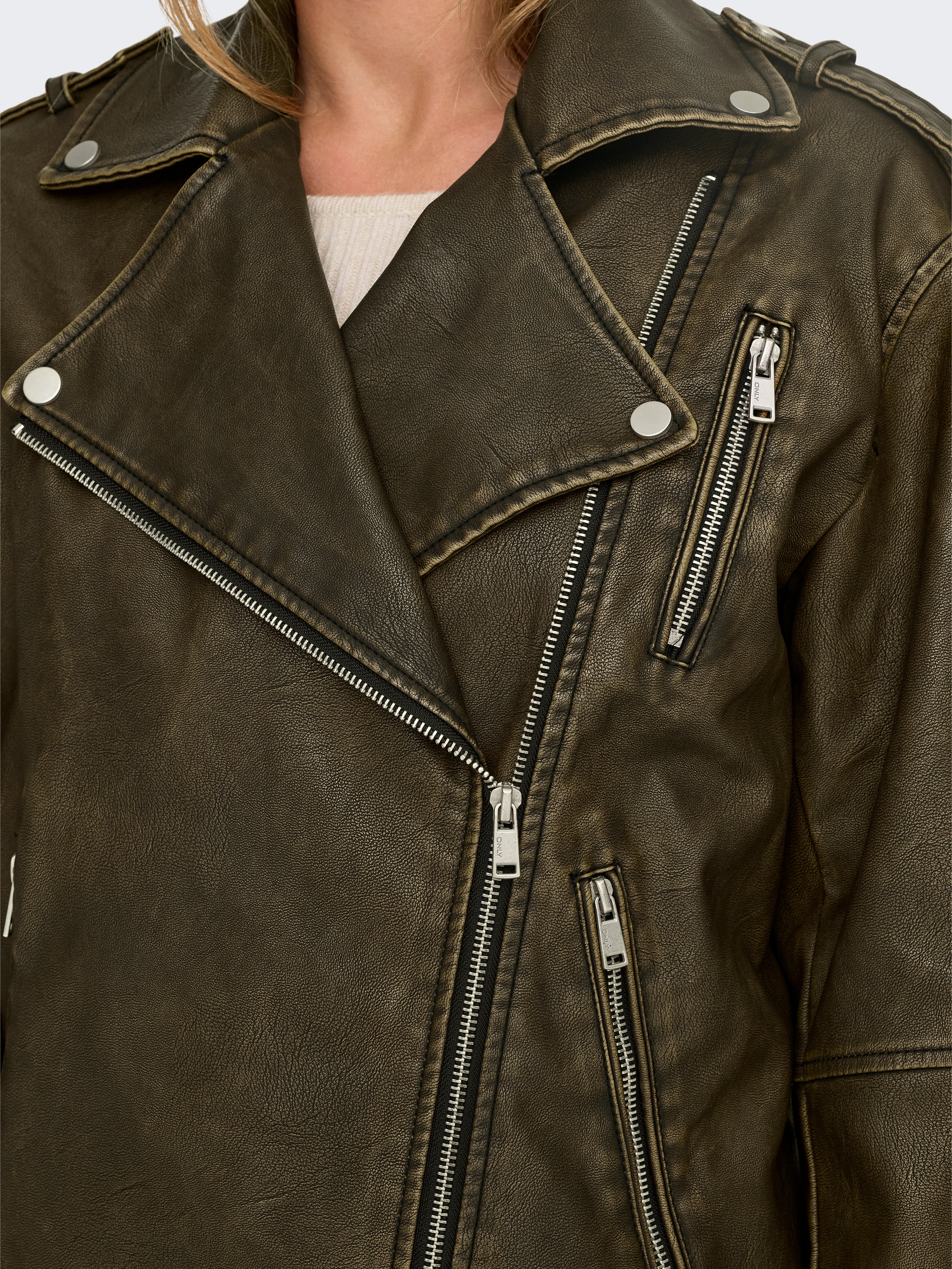 ONLY faux leather bomber jacket with oversized pockets in bleach wash black ONLY faux leather bomber jacket with oversized pockets in bleach wash black