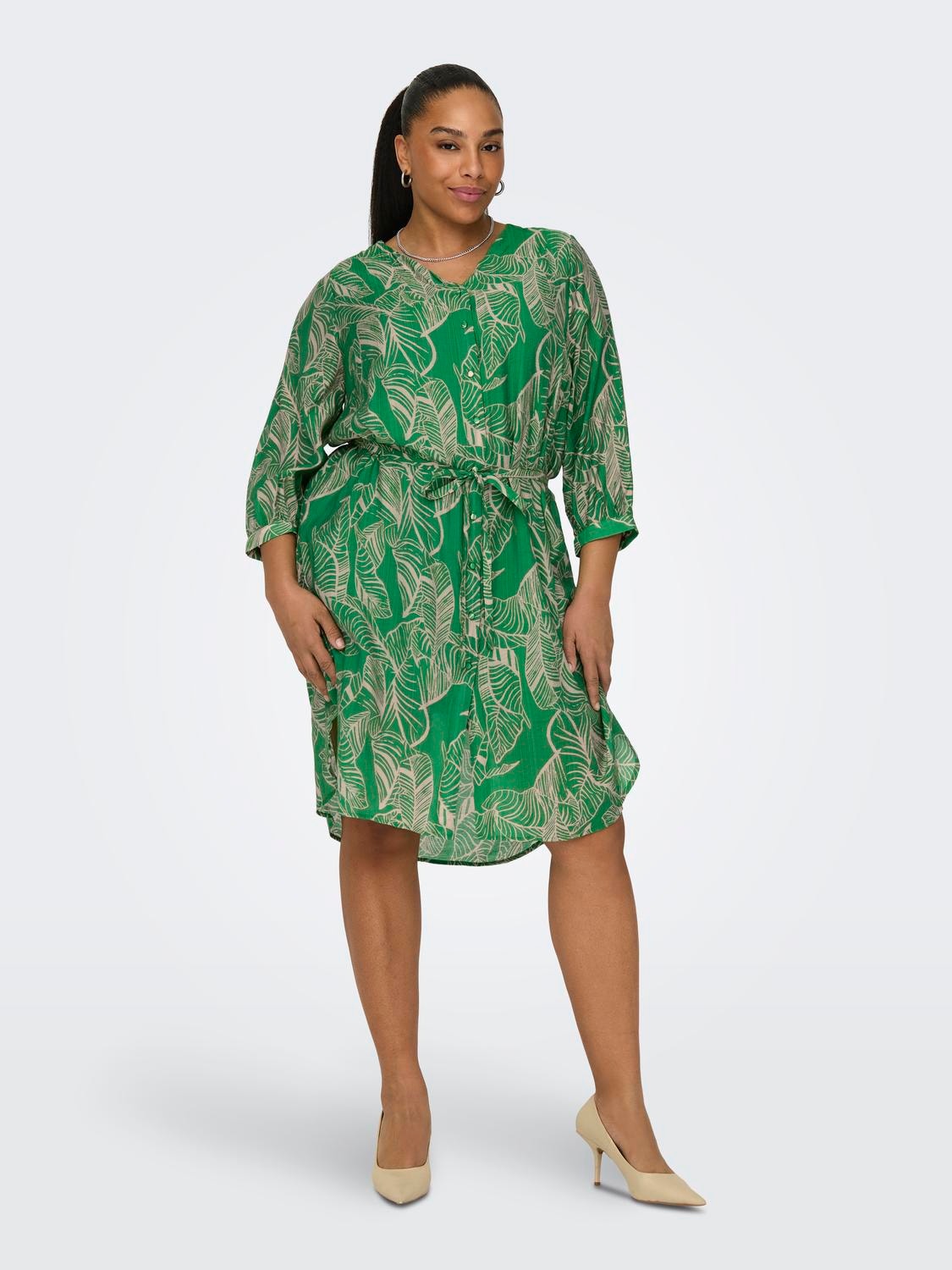 ONLY Regular Fit V-Neck Buttoned cuffs Volume sleeves Midi dress -Green Bee - 15322842