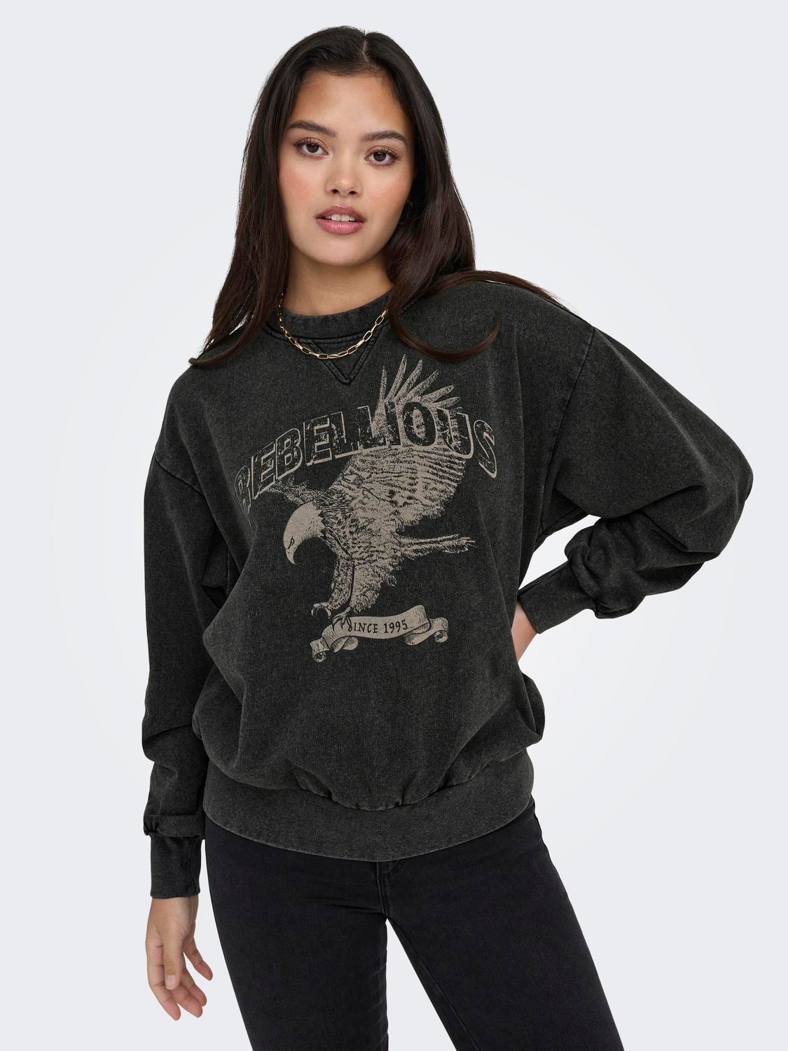 ONLY O-neck sweatshirt with print -Black - 15323076