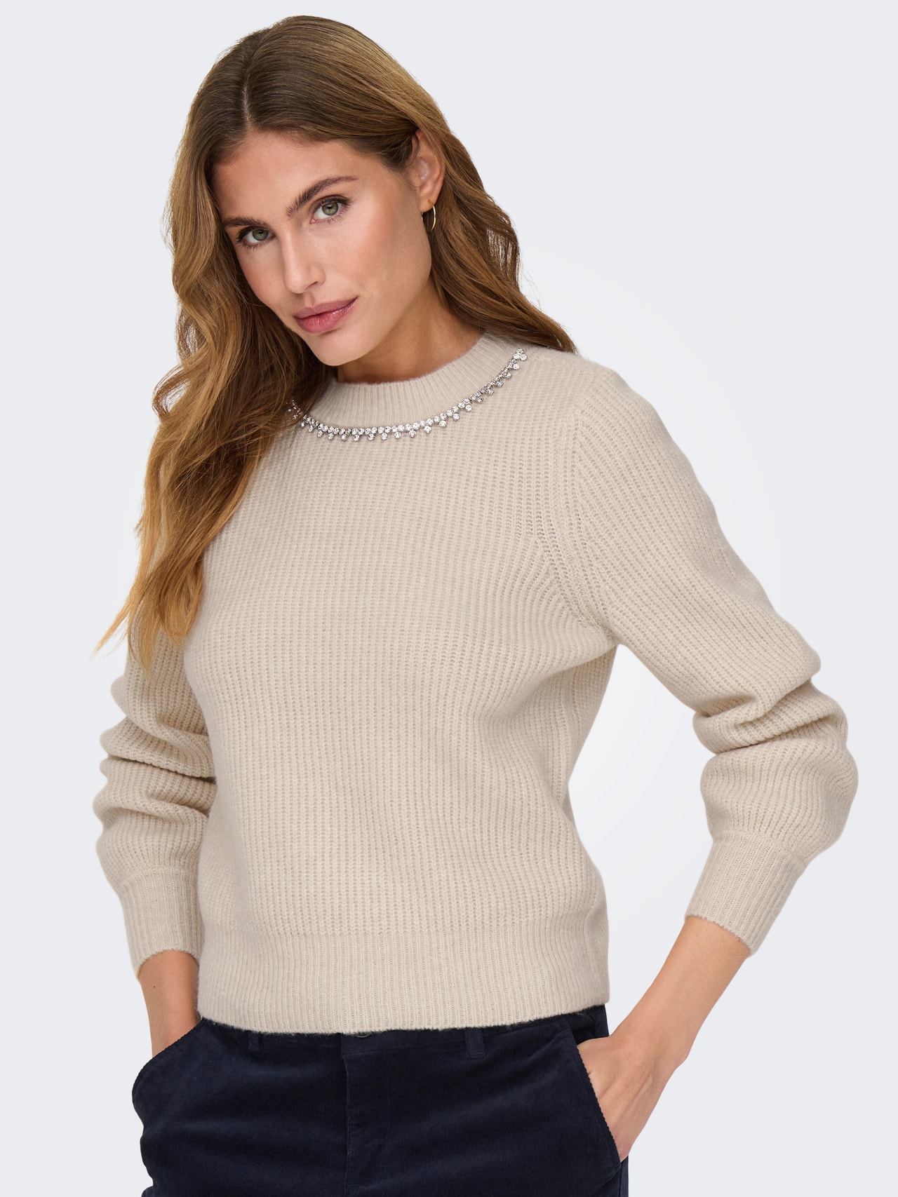 ONLY Tavapärane lõige Ümmargune kaelus Kõrged mansetid Volüümikad varrukad Pullover -Pumice Stone - 15324271