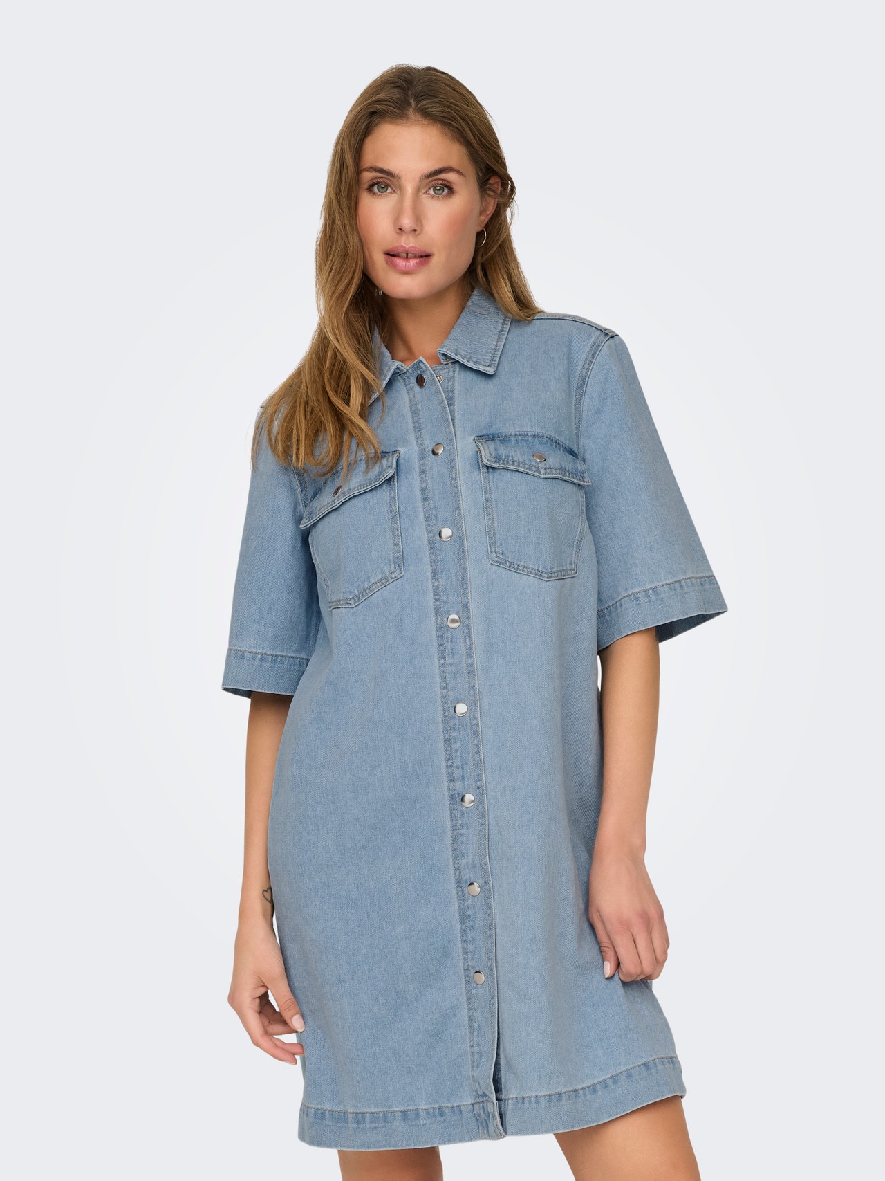 ONLY Regular Fit Skjortekrage Kort kjole -Light Blue Denim - 15324384