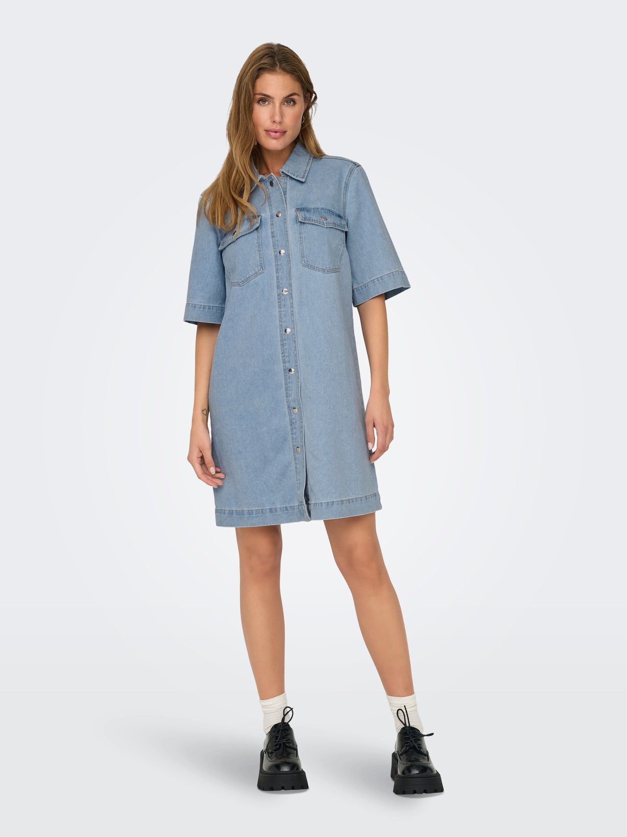 ONLY Regular fit Overhemd kraag Korte jurk -Light Blue Denim - 15324384