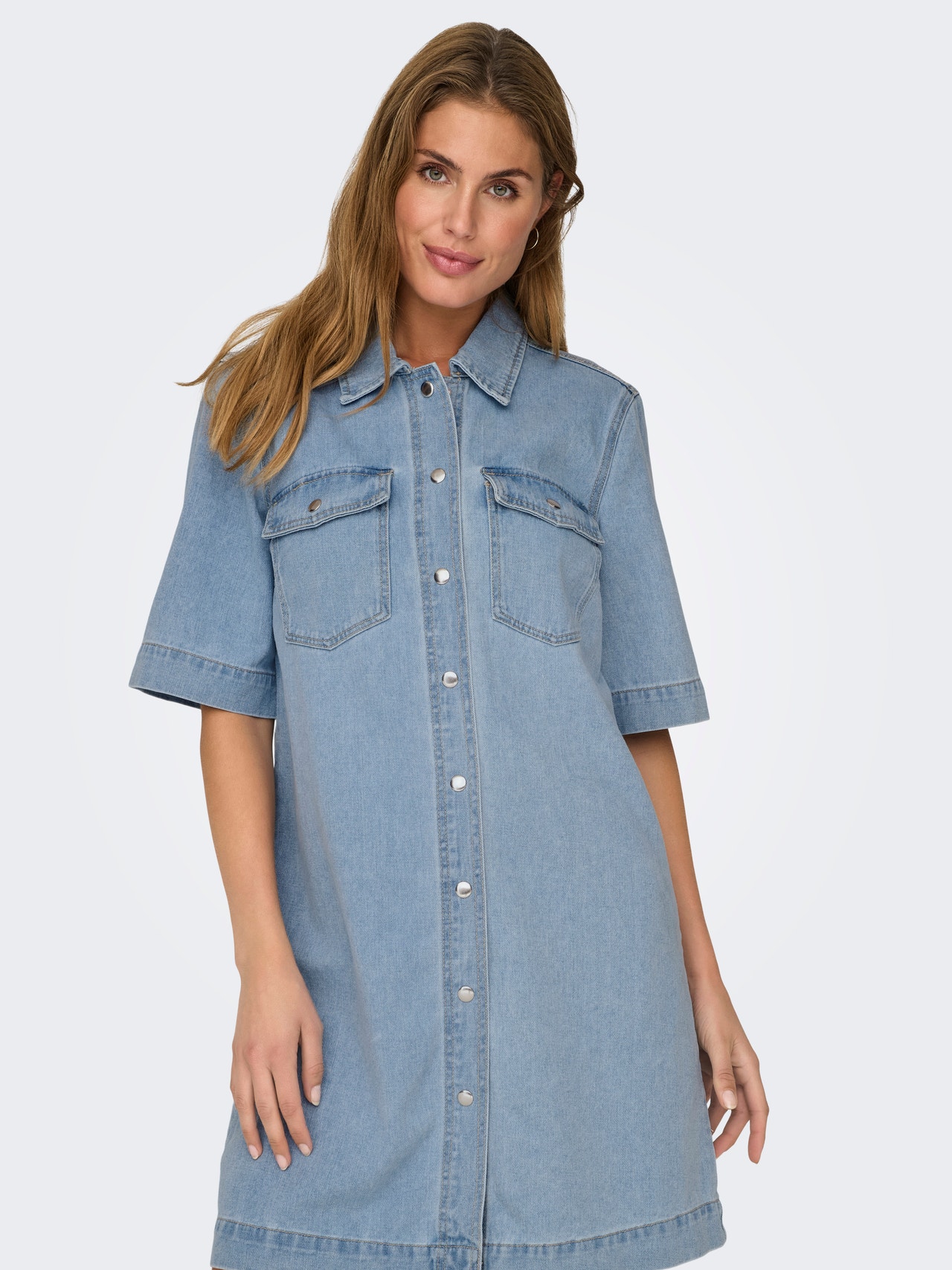 ONLY Regular Fit Skjortekrage Kort kjole -Light Blue Denim - 15324384