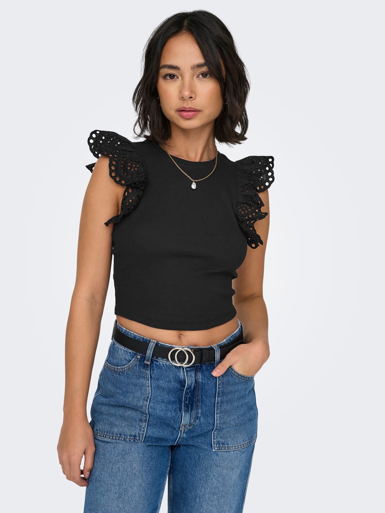ONLY O-neck top with lace details -Black - 15324934