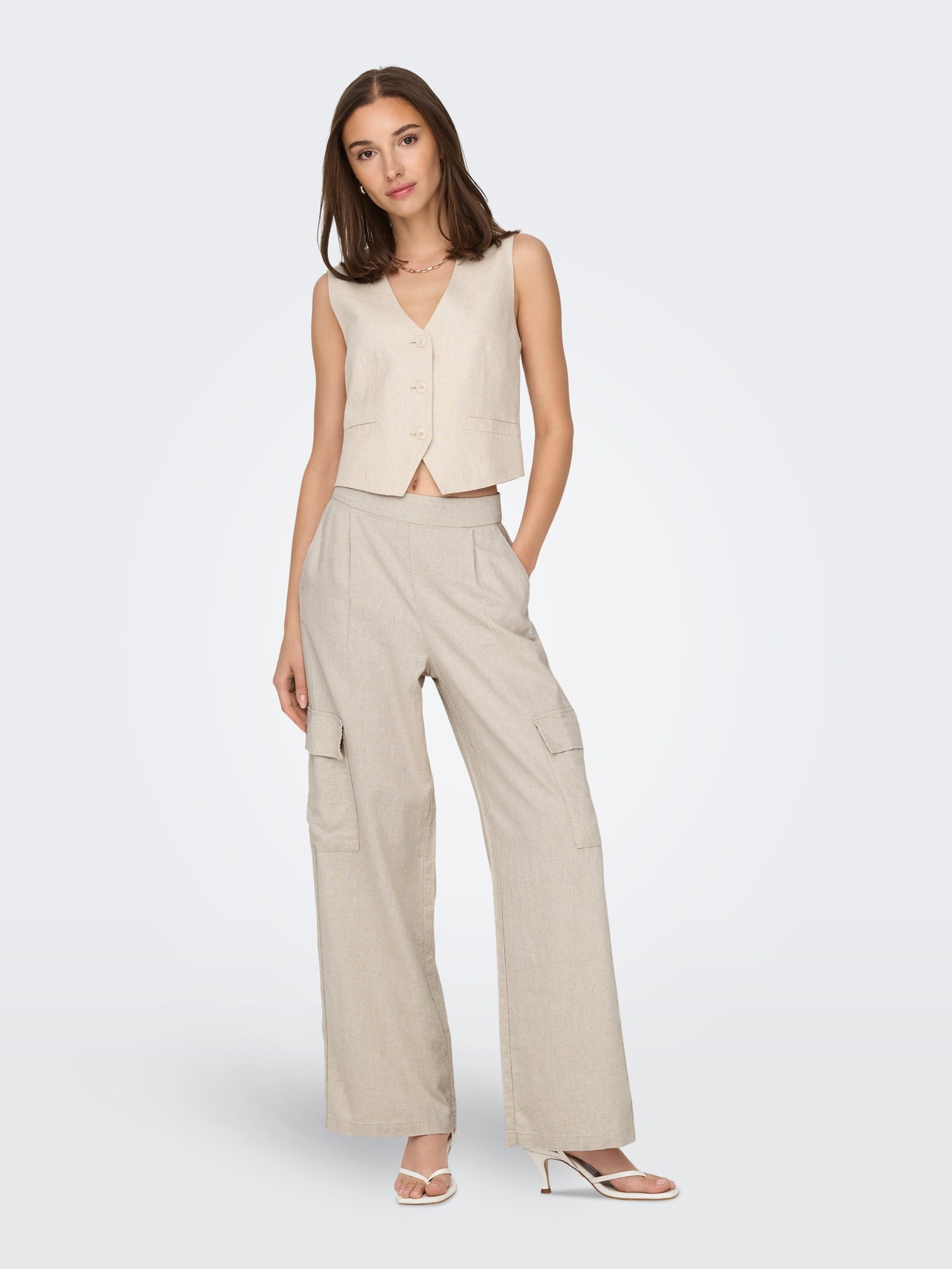 ONLY Trousers with wide leg fit and high waist -Oatmeal - 15325001