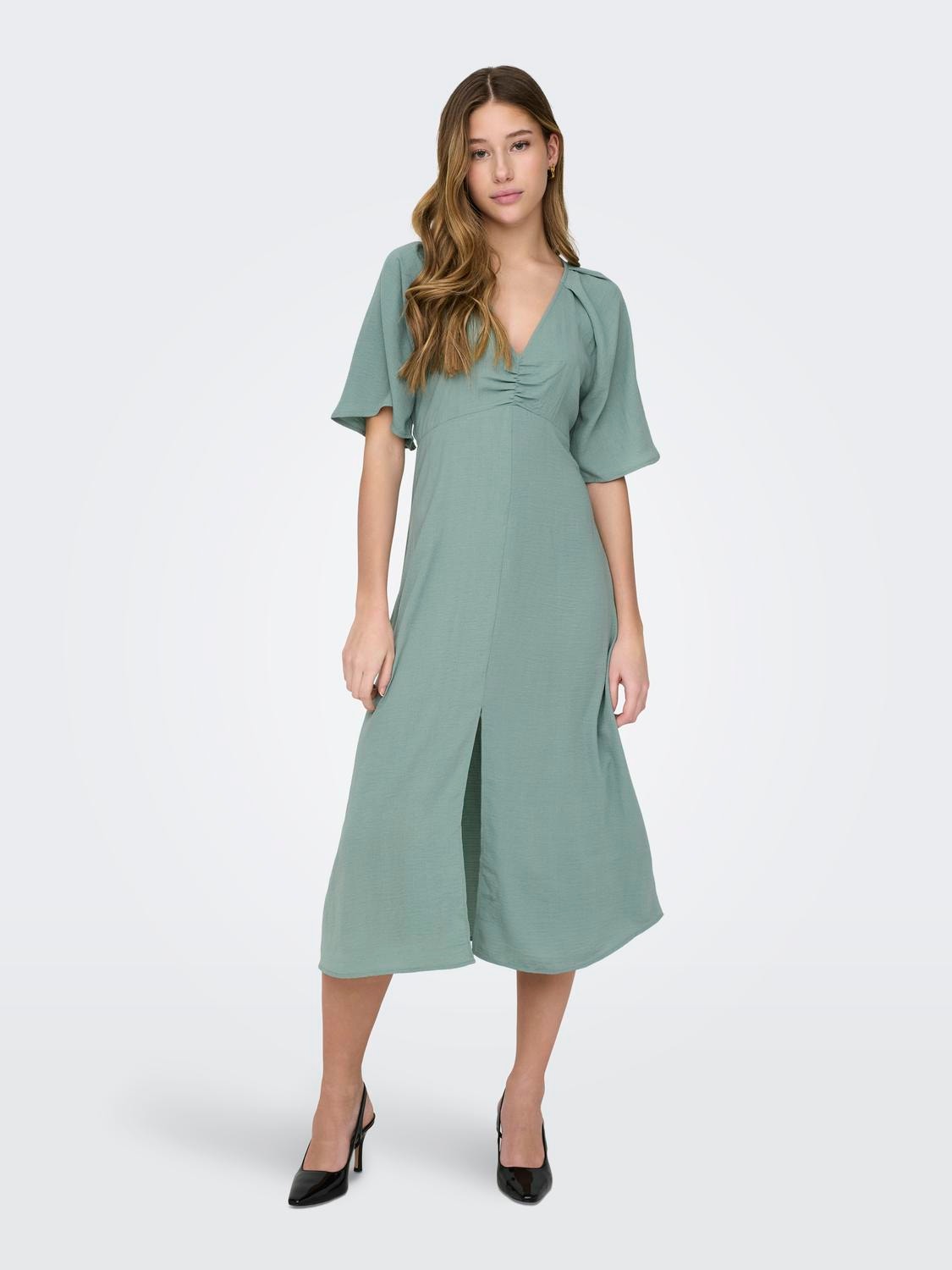 ONLY Regular Fit Round Neck Volume sleeves Midi dress -Chinois Green - 15325030